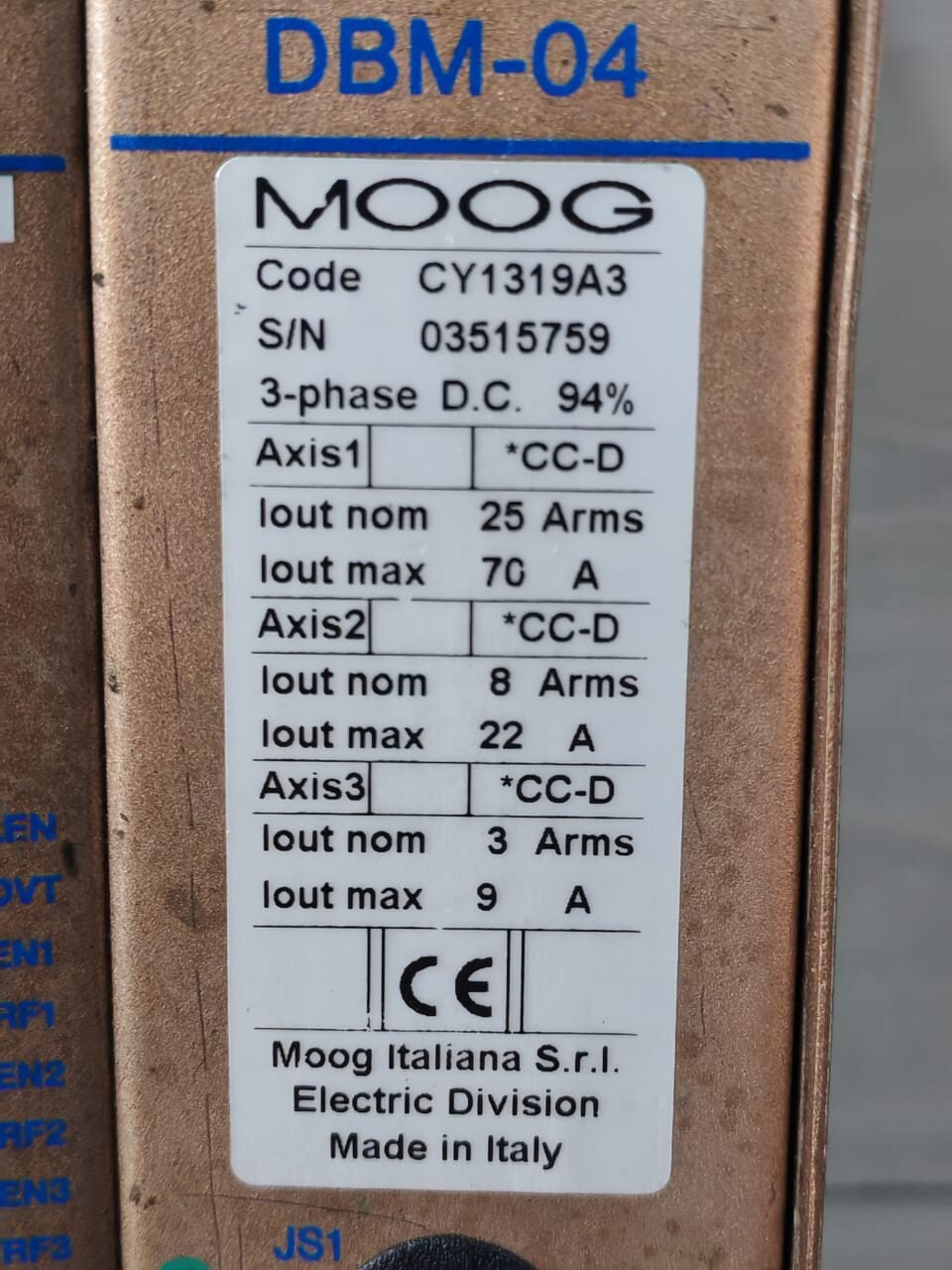 MOOG DBM-04 CY1319AE MOOG DBM-04 CY1319AE 3-PHASE 3 AXIS 400V POWER SUPPLY 9