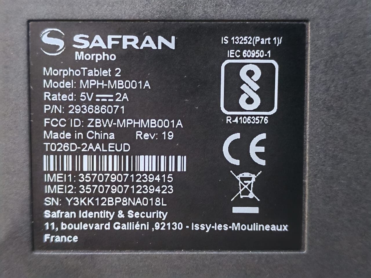 SAFRAN MORPHO 293686071 REV.19 SAFRAN MORPHO MPH-MB001A / 293686071 REV.19 MORPHO TABLET 2 5V 10