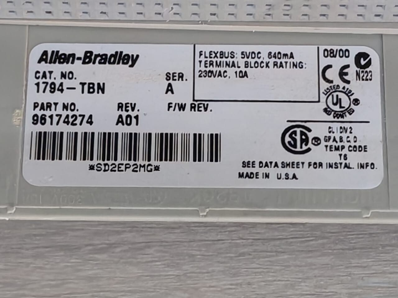 Allen-Bradley 1794-TBN Ser.A 96174274 Allen-Bradley 1794-IE8 Ser.B Analog Input Module W/ 1794-TBN Ser.A 96174274 Base 5