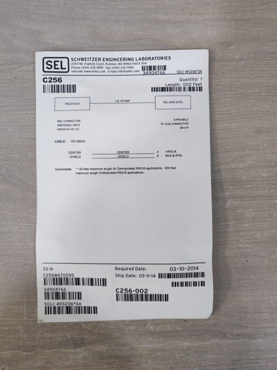 SEL PIN-002 SEL C256 BNC Connector 9-Pin 002 Feet / 2 Feet 3