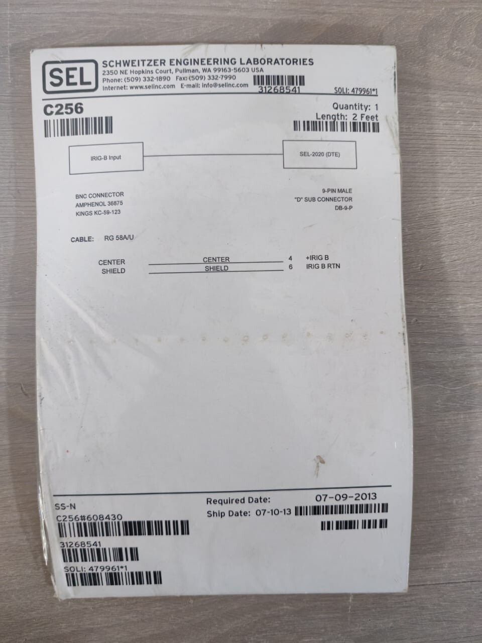 SEL PIN-002 SEL C256 BNC Connector 9-Pin 002 Feet / 2 Feet 10