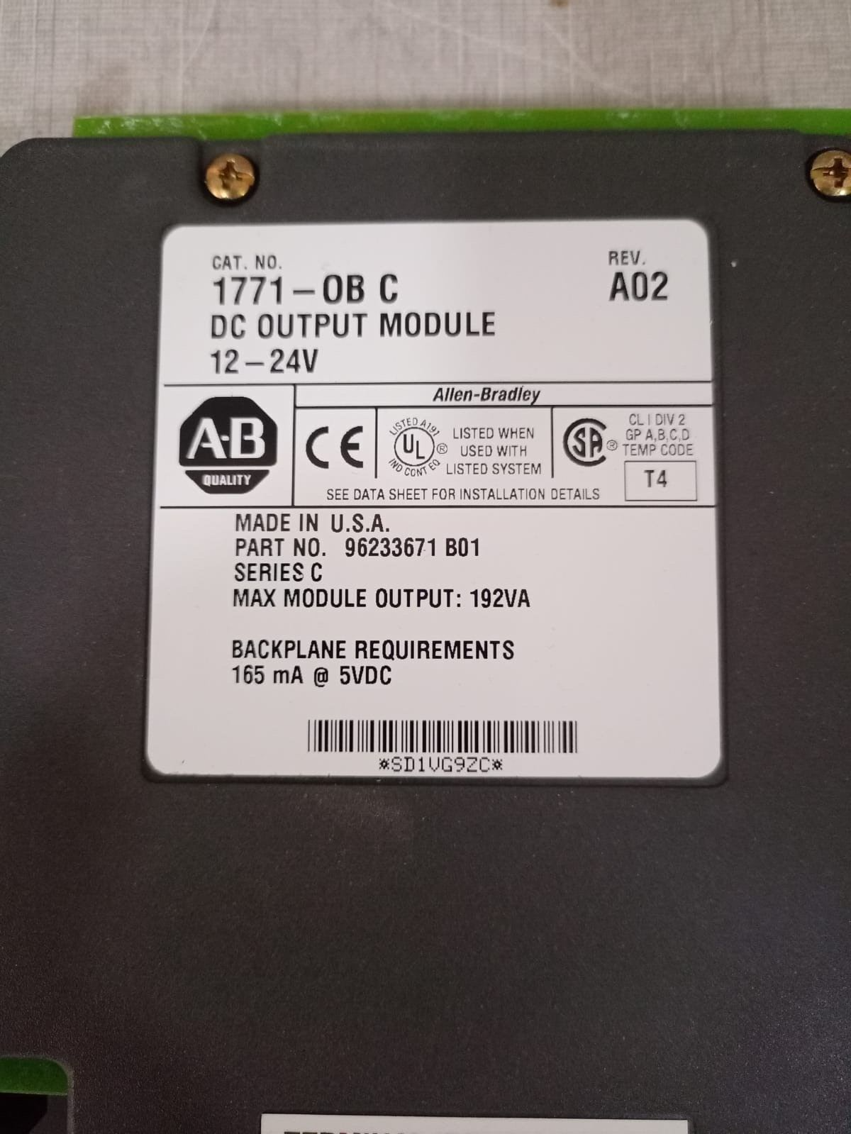 Rockwell Automation 1771-OB Allen Bradley 1771-OB/C DC Output Module | Ser C | Rev A02 | 12-24V 4
