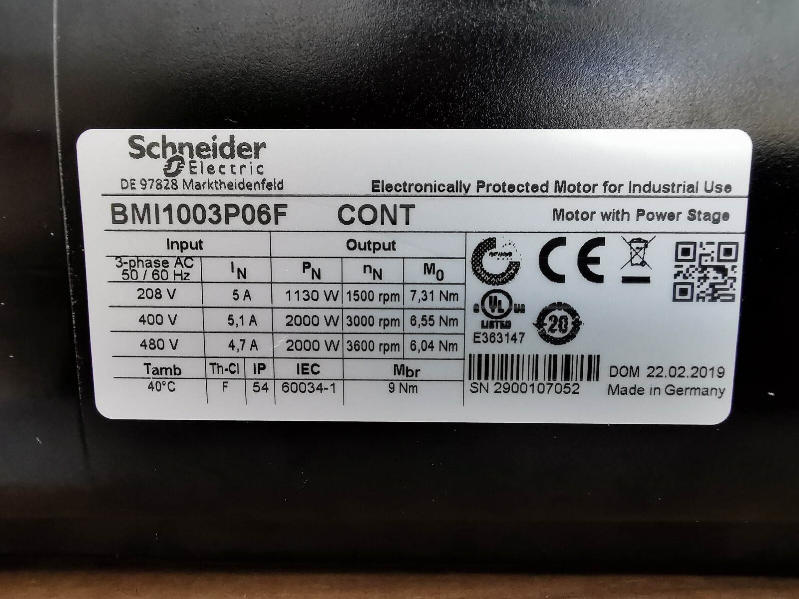 Schneider Electric MOTOR-3600 Lexium BMI Schneider Electric BMI1003P06F 2.2 kW Servo Motor, 3600 rpm 3