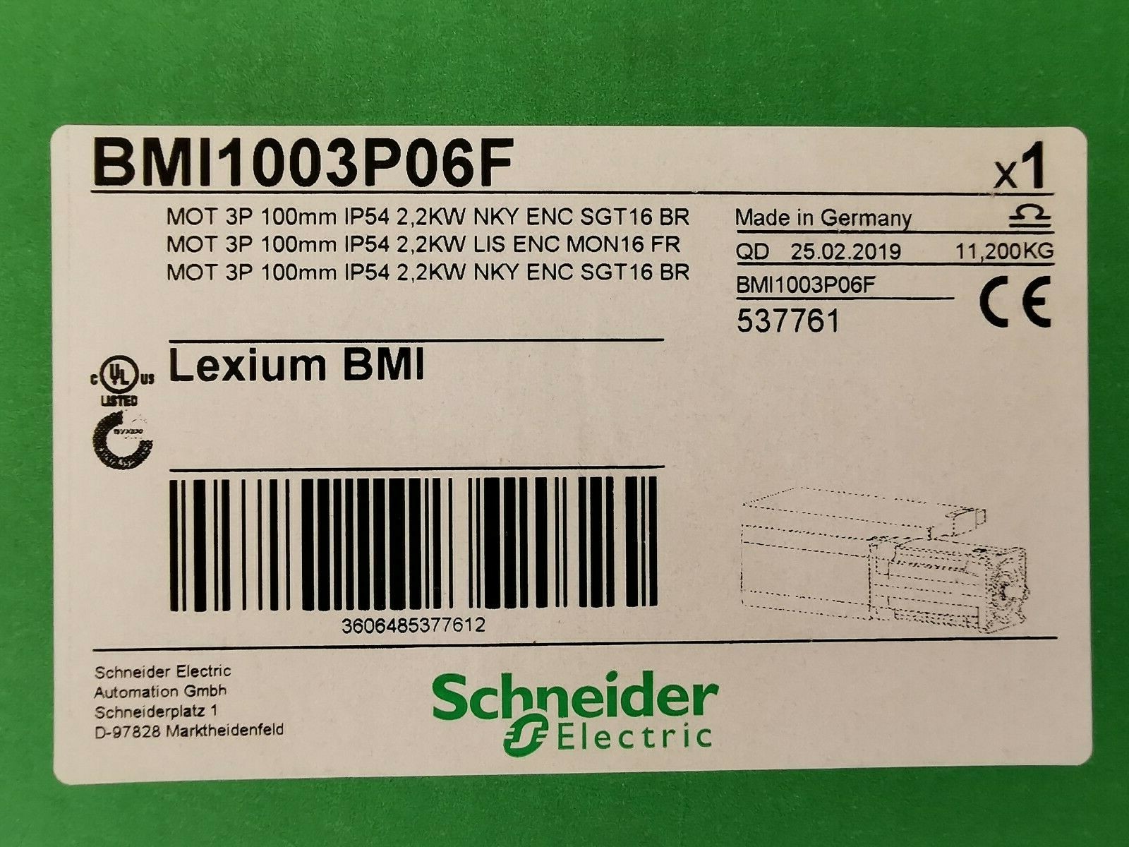 Schneider Electric MOTOR-3600 Lexium BMI Schneider Electric BMI1003P06F 2.2 kW Servo Motor, 3600 rpm 9