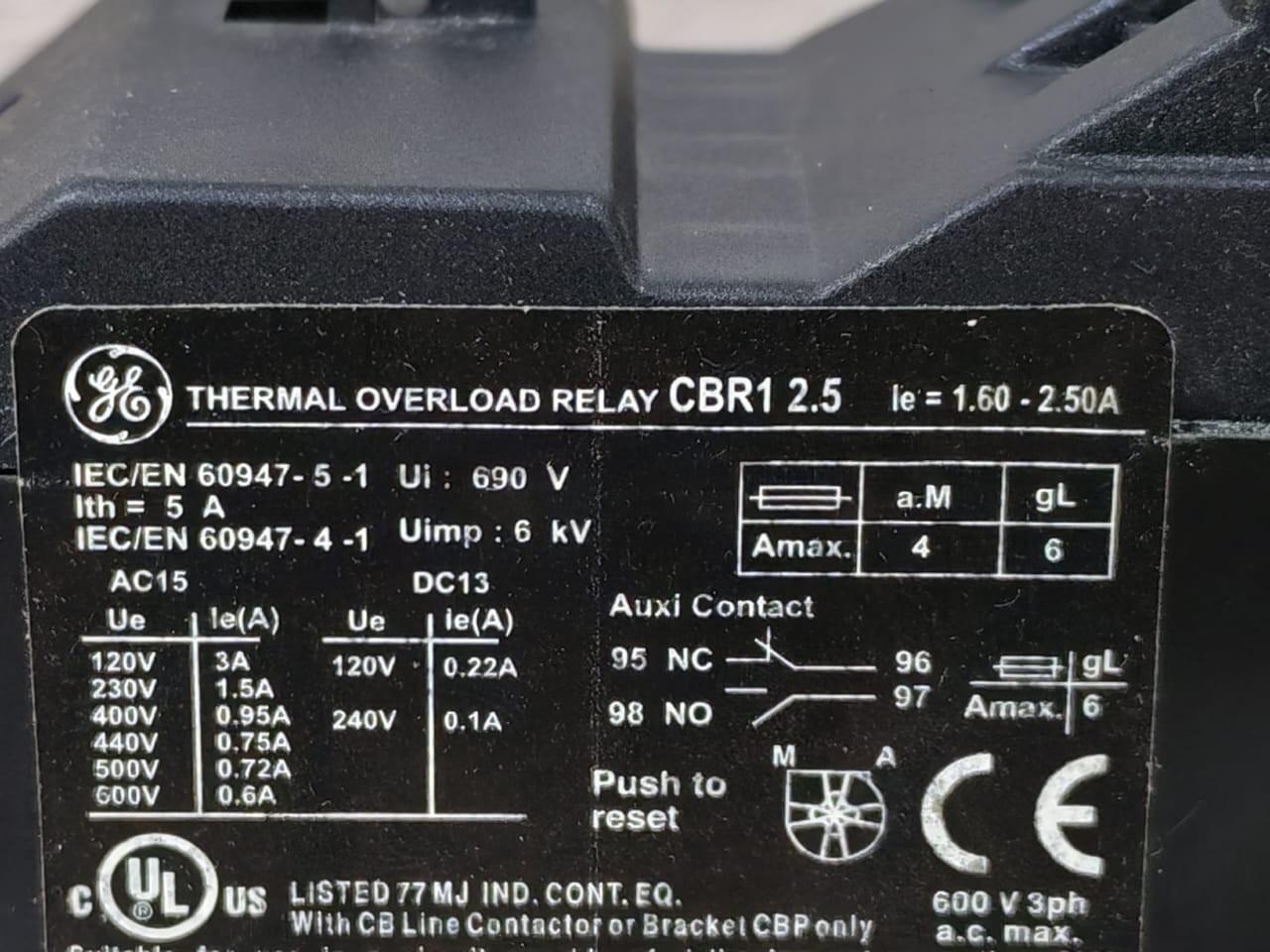 GE CBR1 GENERAL ELECTRIC CBR1 2.5 THERMAL OVERLOAD RELAY 3