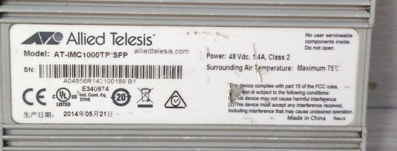 Allied Telesis AT-IMC1000TP/SFP Allied Telesis AT-IMC1000TP/SFP MEDIA CONVERTER 48VDC 7