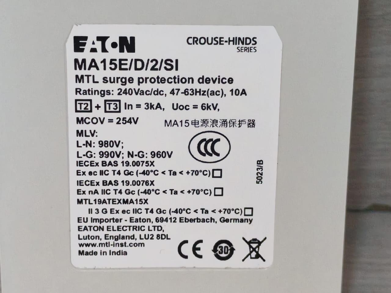 Eaton MA15E/D/2/SI Eaton MA15E/D/2/SI MTL Surge Protection Device 240Vac/dc 3