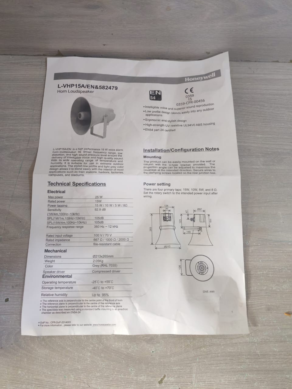 Honeywell VHP15A/EN HONEYWELL L-VHP15A/EN & 582479 EN54-24 TYPE B HORN LOUD SPEAKER 10