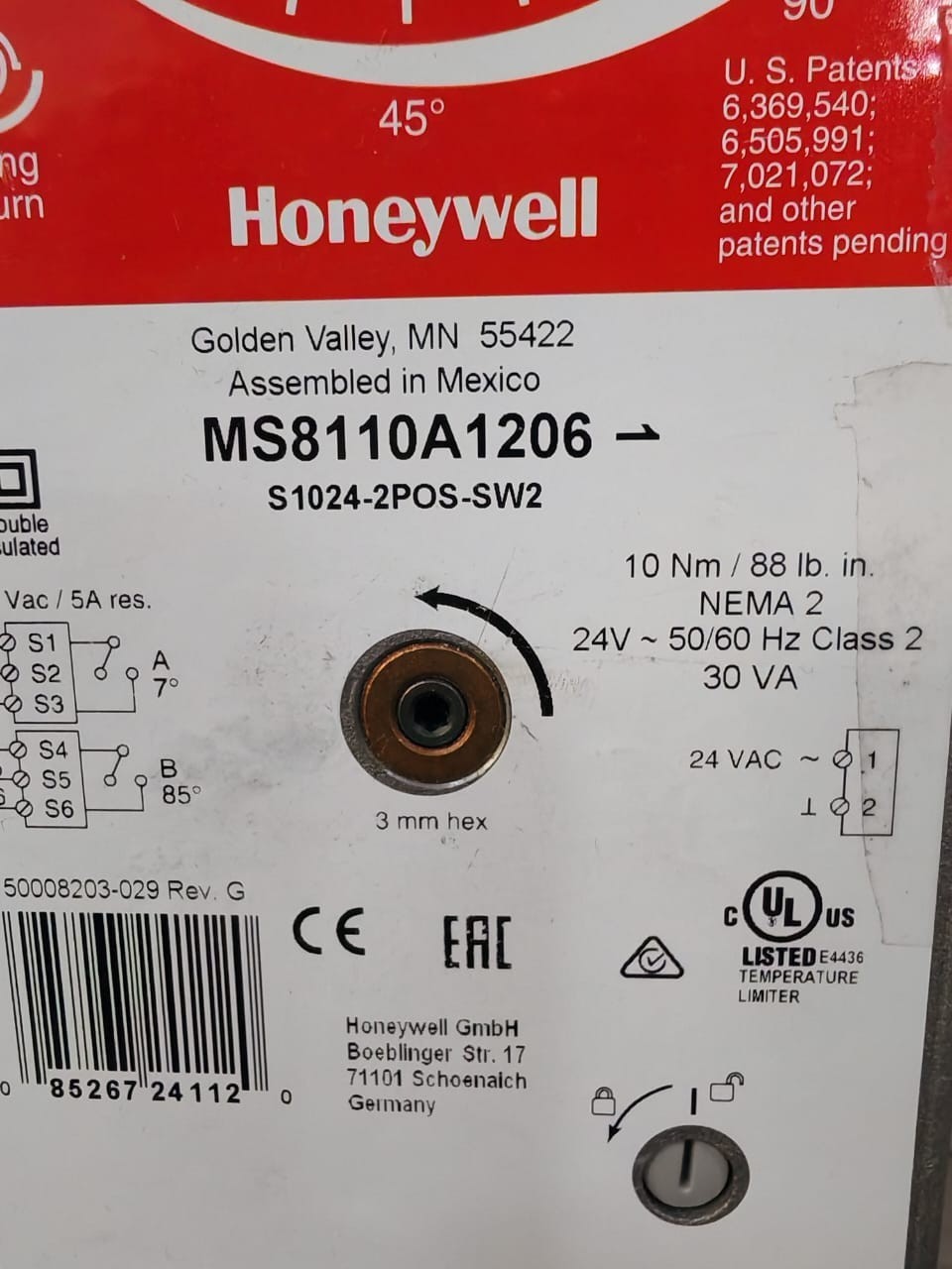 Honeywell S1024-2POS-SW2 Honeywell S1024 2POS SW2 MS8110A1206 Direct Coupled Actuator S1024 2POS SW2 3
