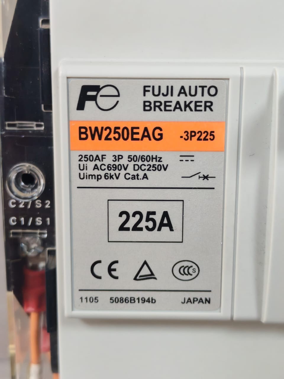 Fuji Electric BW250EAG-3P225 FUJI ELECTRIC BW250EAG-3P225 AUTO BREAKER AC690V DC250V 3