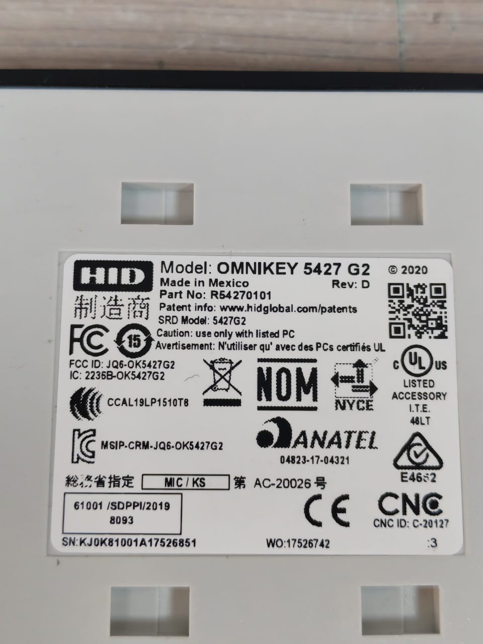 HID P/N:R54270101 REV.D HID OMNIKEY 5427 G2 P/N:R54270101 REV.D SMART CARD READER 9