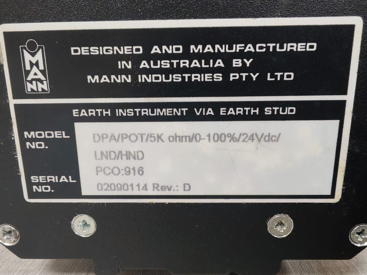 Mann DPA/POT/5K ohm/0-100%24Vdc/LND/HND MANN DPA/POT/5K ohm/0-100%24Vdc/LND/HND REV.D DUAL SETPOINT PROCESS ALARM MODULE 3