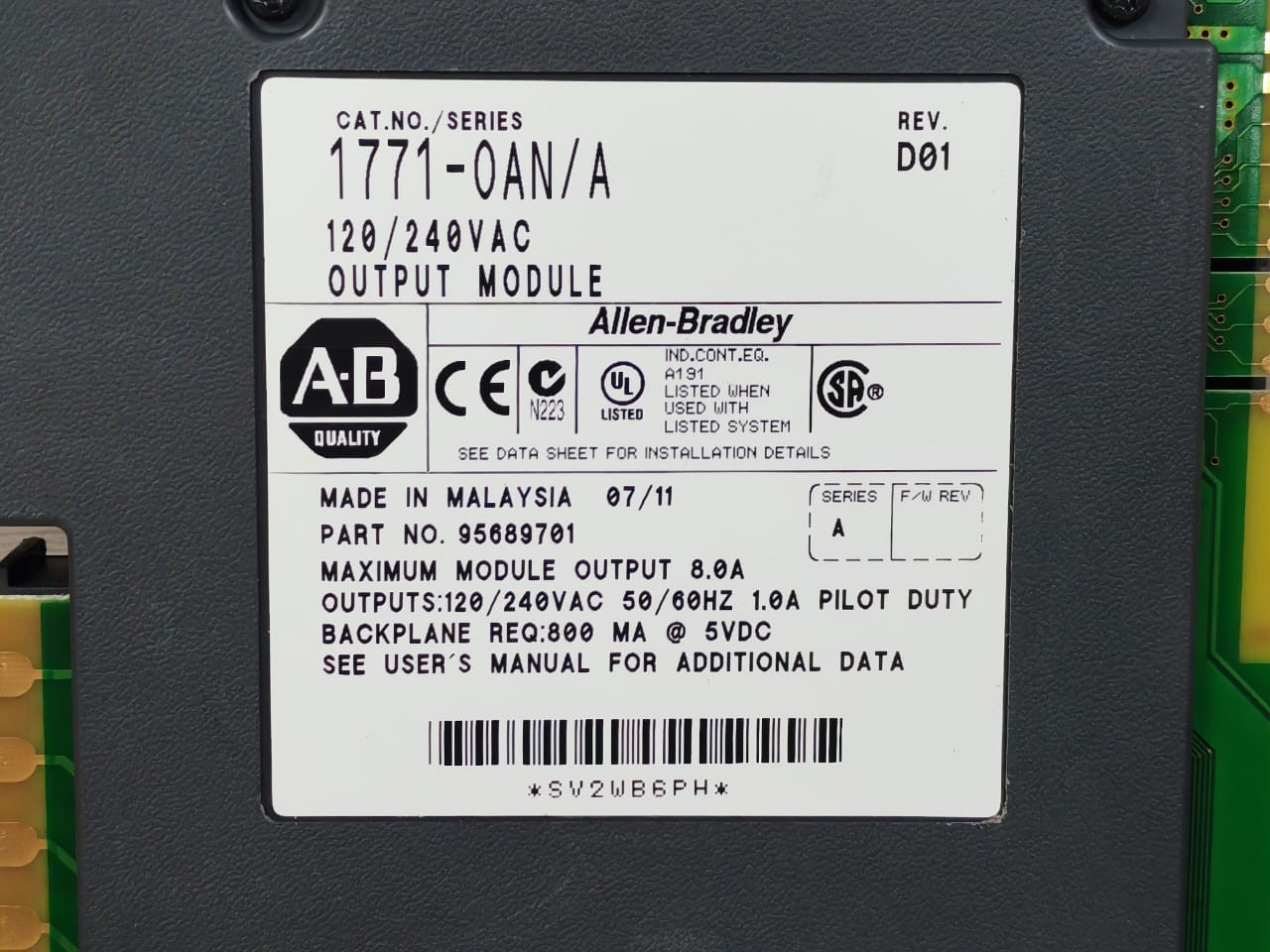 Allen-Bradley 95689701 Allen-Bradley 1771-0AN/ A Rev.D01 120/240 VAC Output Module 95689701 4