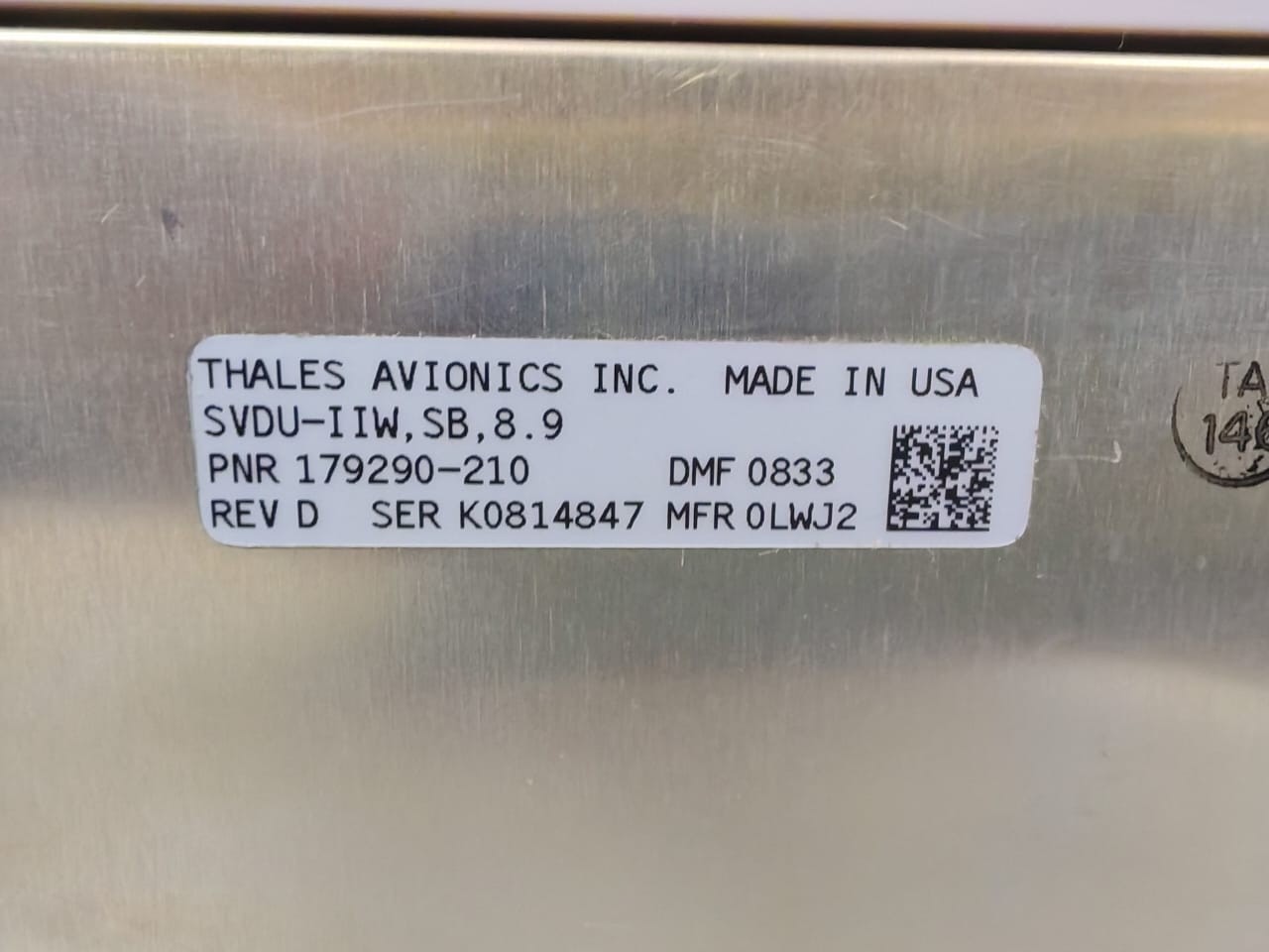 THALES 179290 THALES AVIATION INC. SVDU-IIW,SB,8,9 MFR 0LWJ2 REV D PNR: 179290-210 MONITOR 3