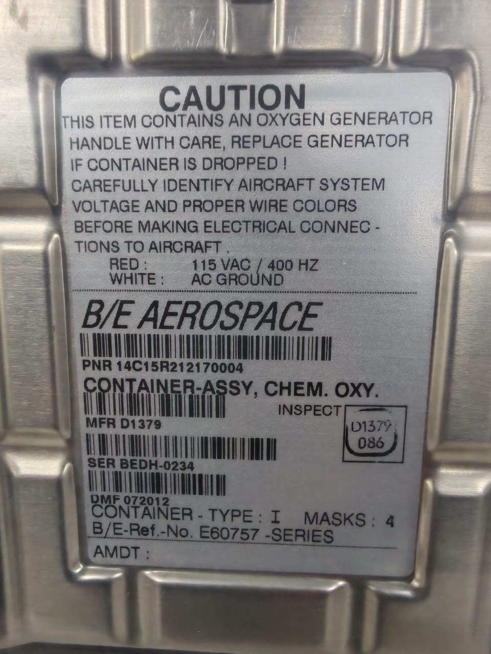 B/E AEROSPACE D1379 B/E AEROSPACE PNR 14C15R212170004 MFR D1379 CONTAINER TYPE I MASK 4 REF. E60757 4