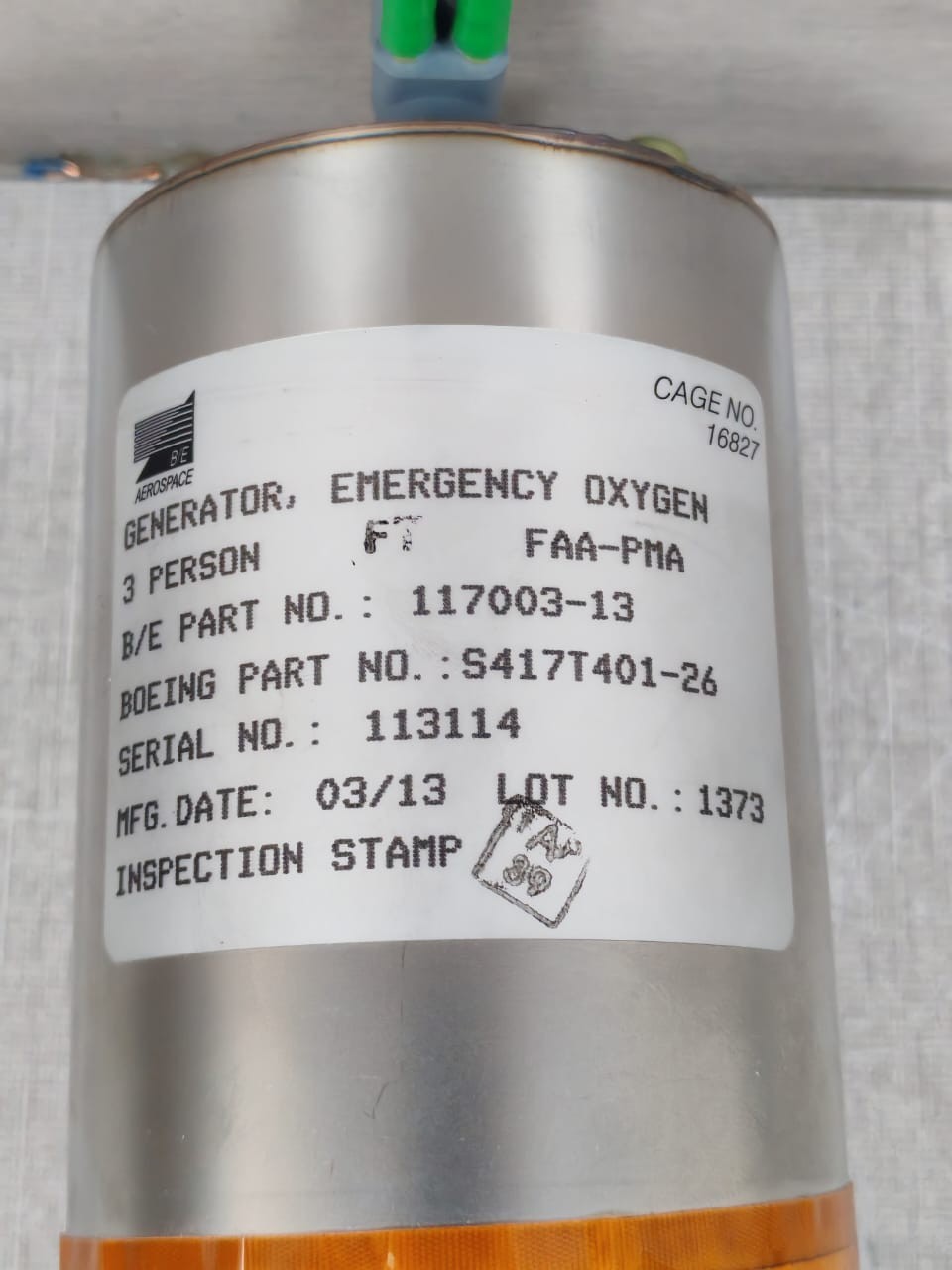 B/E AEROSPACE 117003-13 B/E AEROSPACE 117003-13 EMERGENCY GENERATOR CAGE NO.16827 FAA-PMA 4