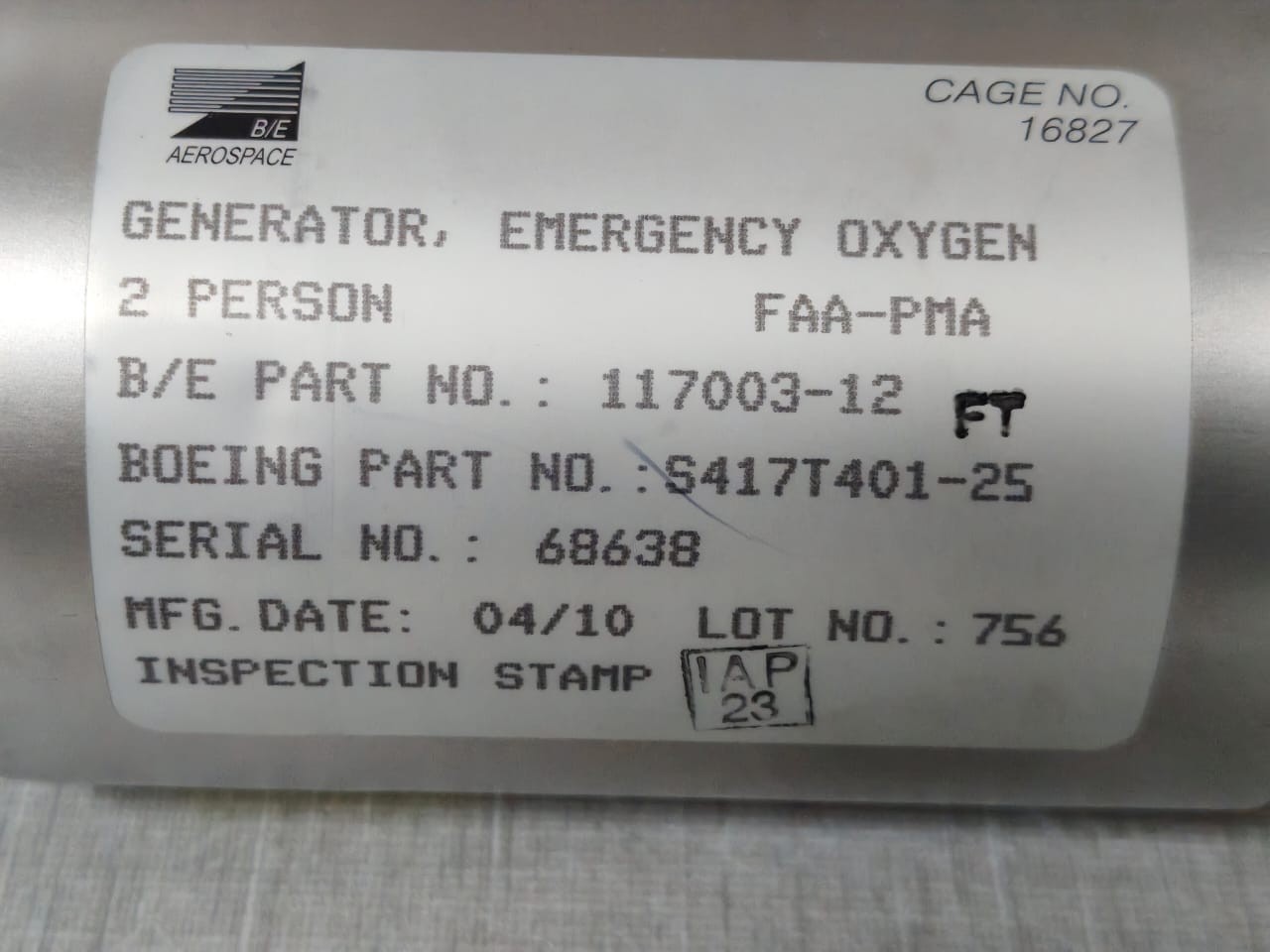 B/E AEROSPACE 117003-12 B/E AEROSPACE 117003-12 EMERGENCY GENERATOR CAGE NO.16827 FAA-PMA 3