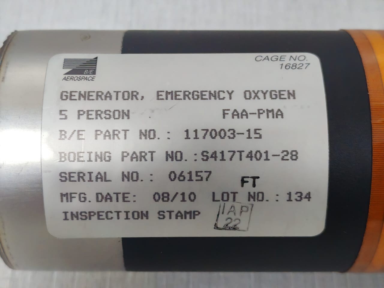 B/E AEROSPACE 117003-15 B/E AEROSPACE 117003-15 EMERGENCY GENERATOR CAGE NO.16827 FAA-PMA 6