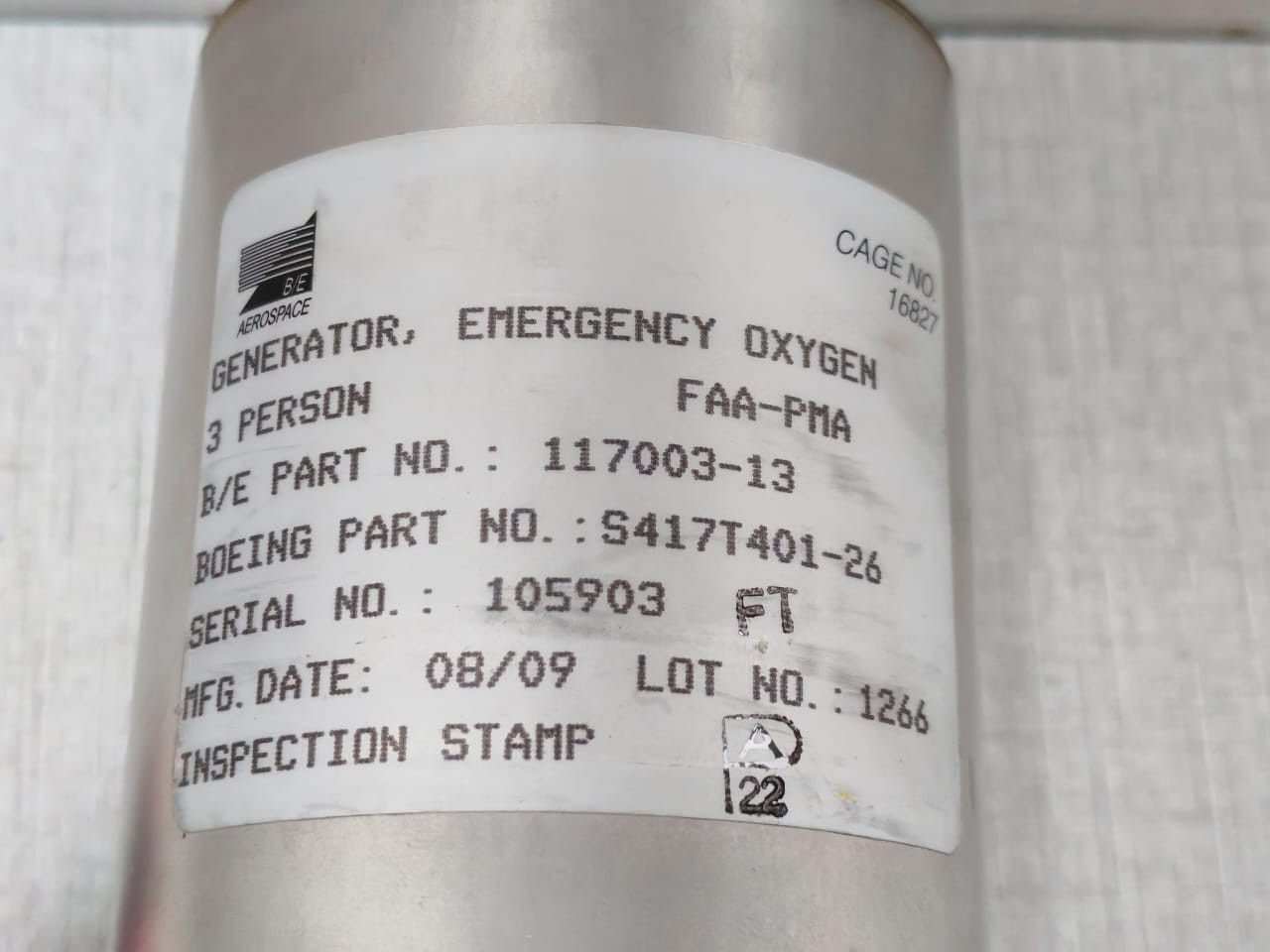 B/E AEROSPACE 117003-13 B/E AEROSPACE 117003-13 EMERGENCY GENERATOR CAGE NO.16827 FAA-PMA 5