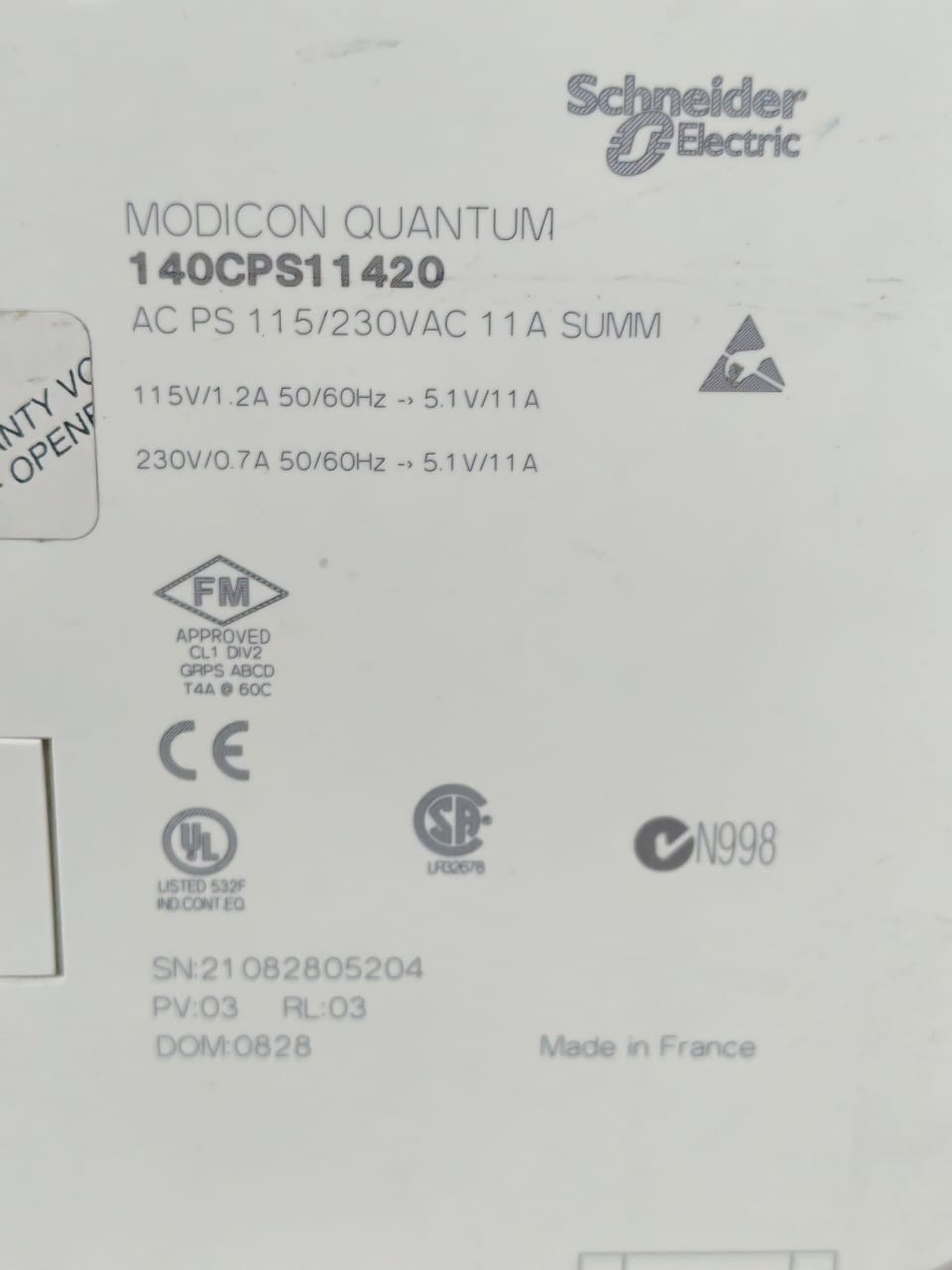 Schneider Electric PS-115 SCHNEIDER ELECTRIC 140CPS11420 MODICON QUANTUM AC PS 115-230VAC 8