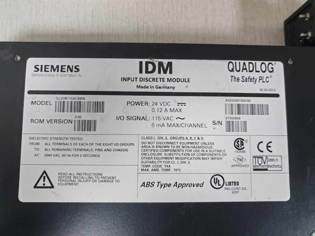 Siemens QLIDM115ACBBN SIEMENS QLIDM115ACBBN ROM VER.3.00 QUADLOG IDM INPUT DISCRETE MODULE 115VAC 9