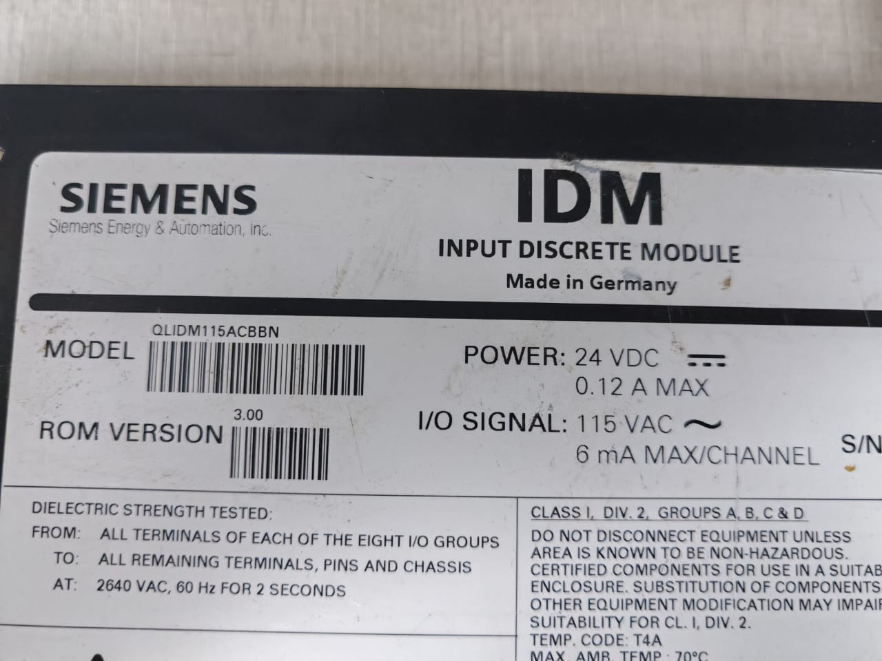 Siemens QLIDM115ACBBN SIEMENS QLIDM115ACBBN ROM VER.3.00 QUADLOG IDM INPUT DISCRETE MODULE 115VAC 10