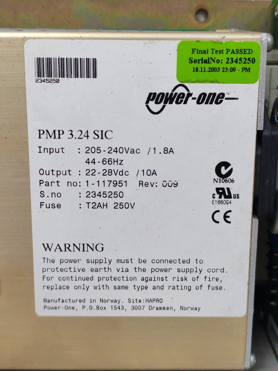 POWER ONE REV-009 POWER ONE PMP 3.24 SIC 1-117951 REV:009 POWER SUPPLY MODULE 205-240VAC 7