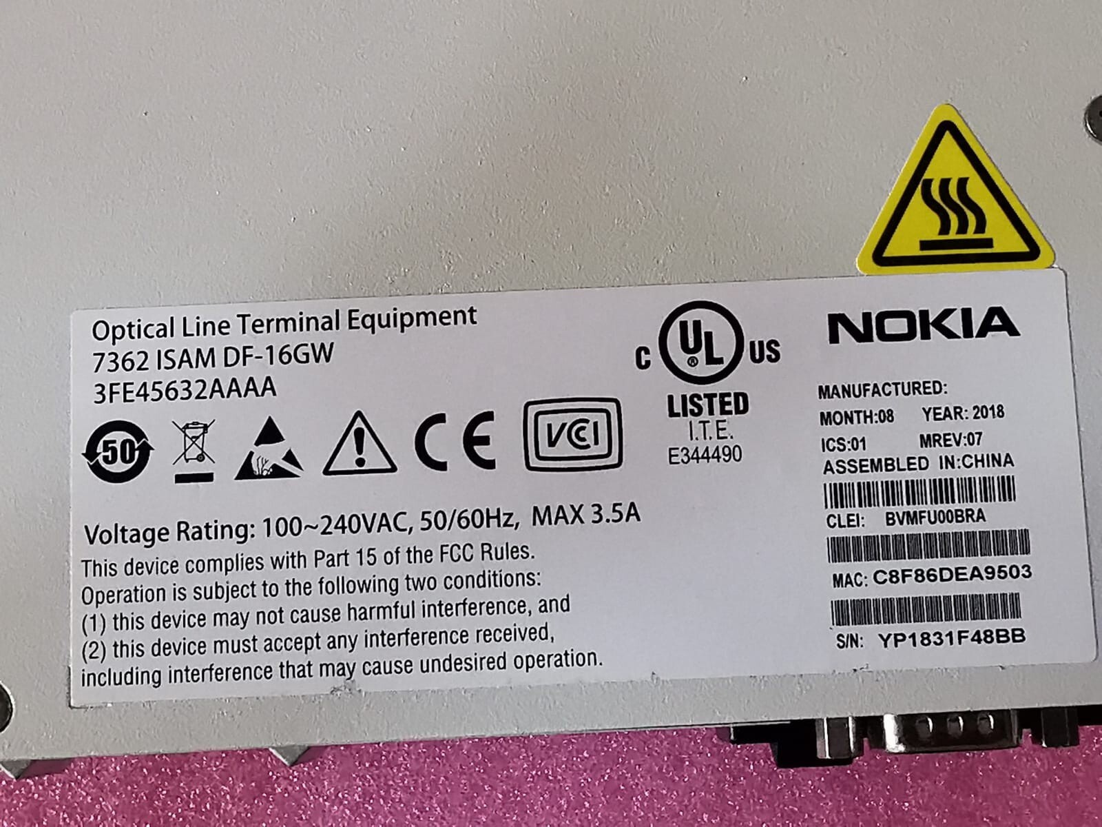 Nokia NOKIA-7362 Nokia 7362 ISAM DF-16GW Optical Line Terminal Eqpt. 3FE45632AAAA 6