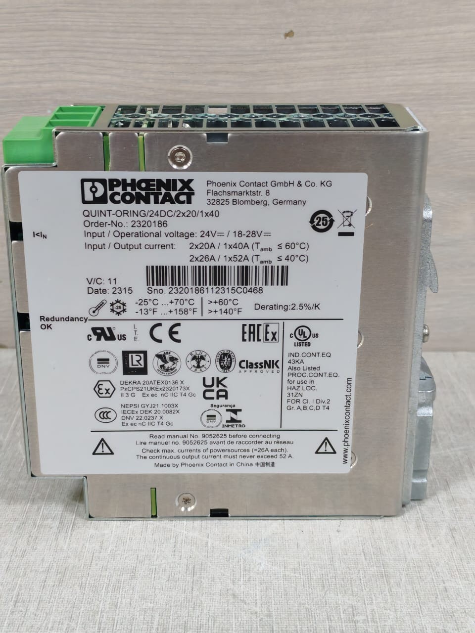 Phoenix Contact QUINT-ORING-/-24DC-/-2X20-/-1X40-PN:-2320186 PHOENIX CONTACT QUINT-ORING / 24DC / 2x20 / 1x40 PN:2320186 POWER SUPPLY 24V 9