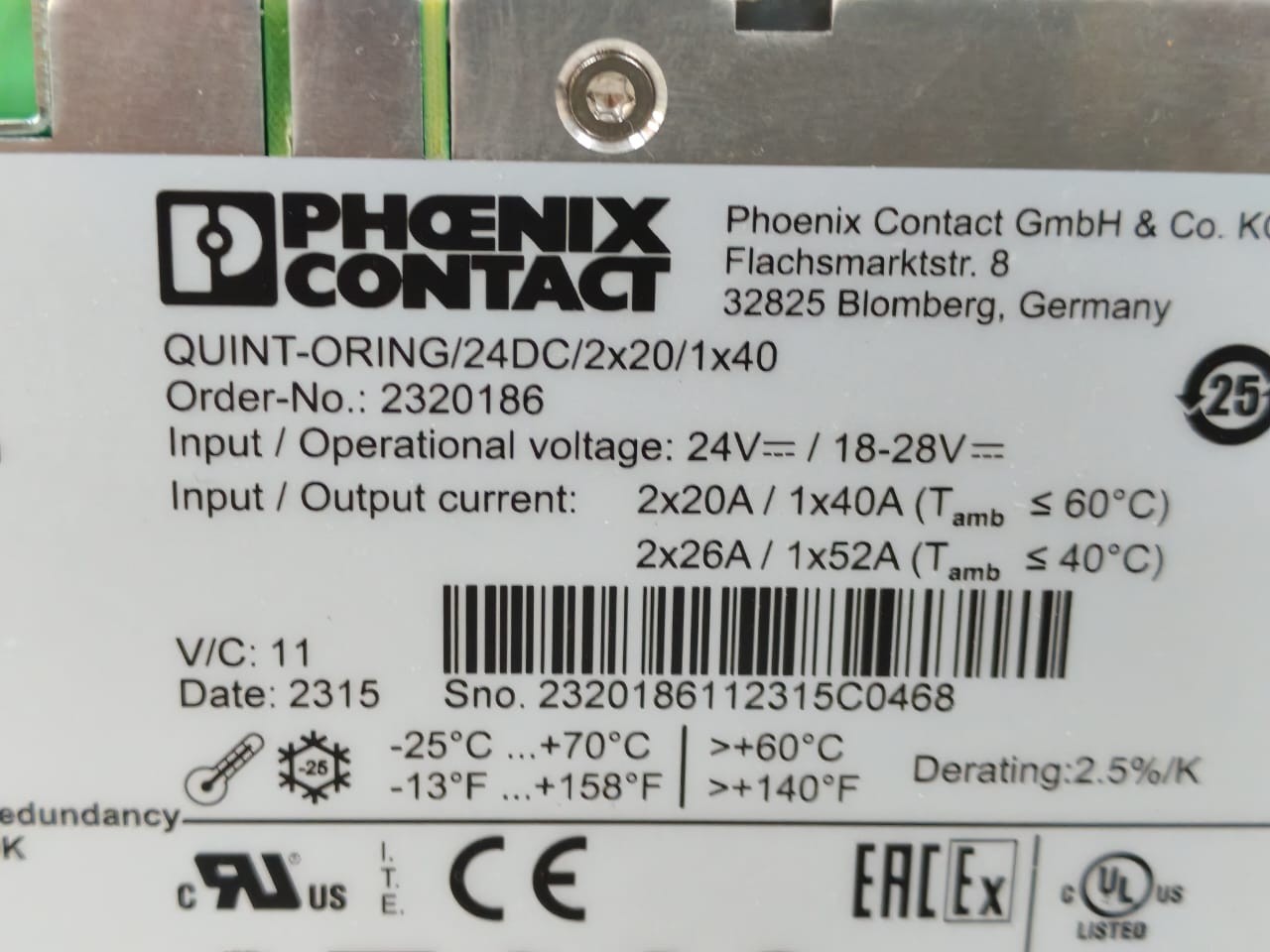 Phoenix Contact QUINT-ORING-/-24DC-/-2X20-/-1X40-PN:-2320186 PHOENIX CONTACT QUINT-ORING / 24DC / 2x20 / 1x40 PN:2320186 POWER SUPPLY 24V 10