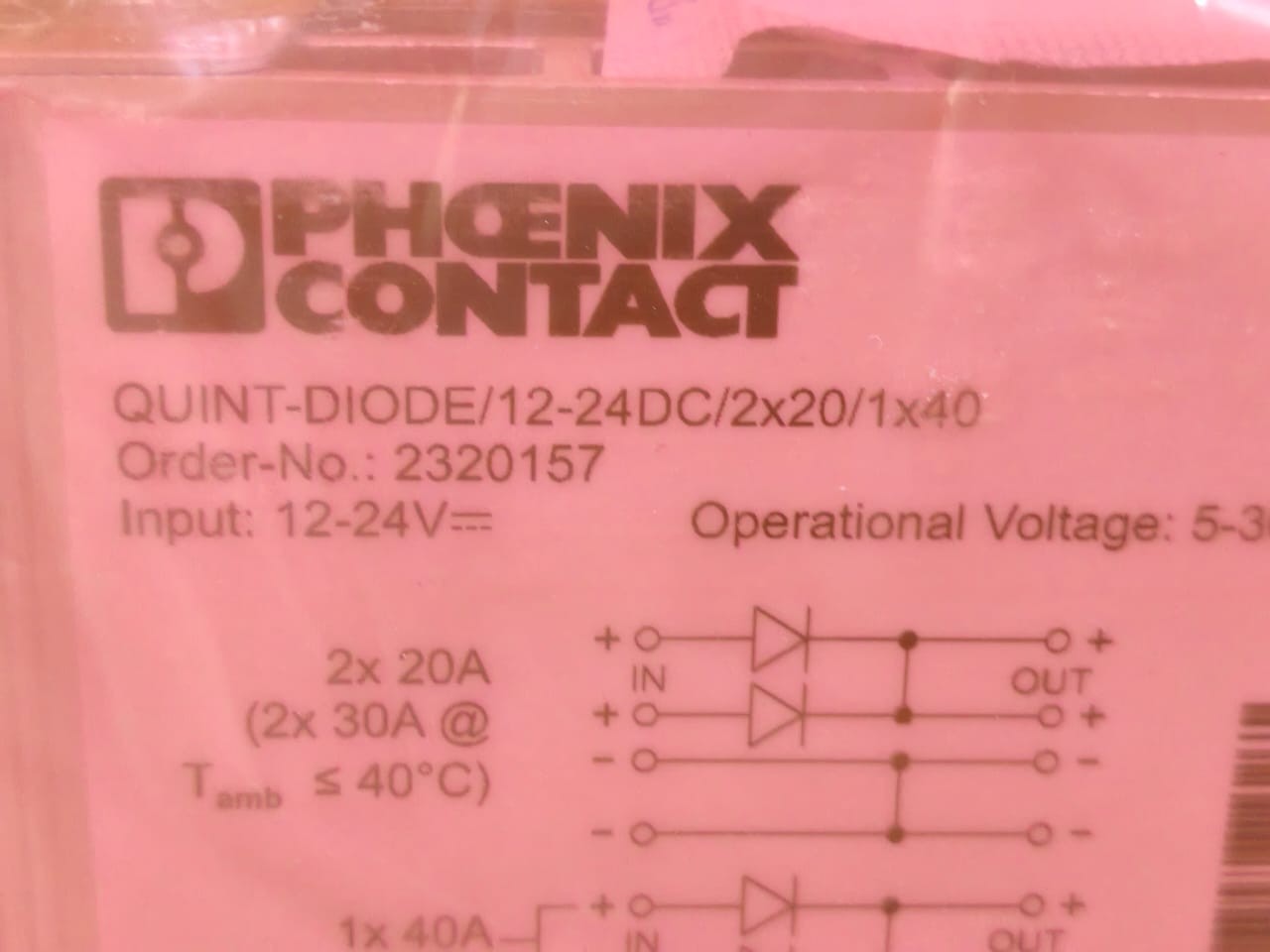 Phoenix Contact QUINT-DIODE-/-12-24DC-/-2X20-/-1X40-2320157 PHOENIX CONTACT QUINT DIODE / 12-24DC / 2x20 / 1x40 2320157 POWER MODULE 24V 7