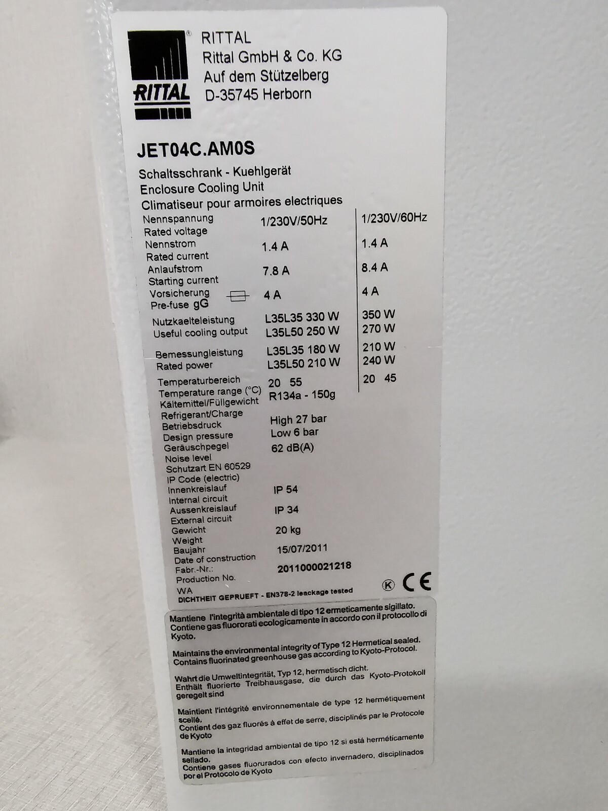 Rittal JET04C.AMOS RITTAL JET04C.AMOS CABINET FRIDGE D-35745 4