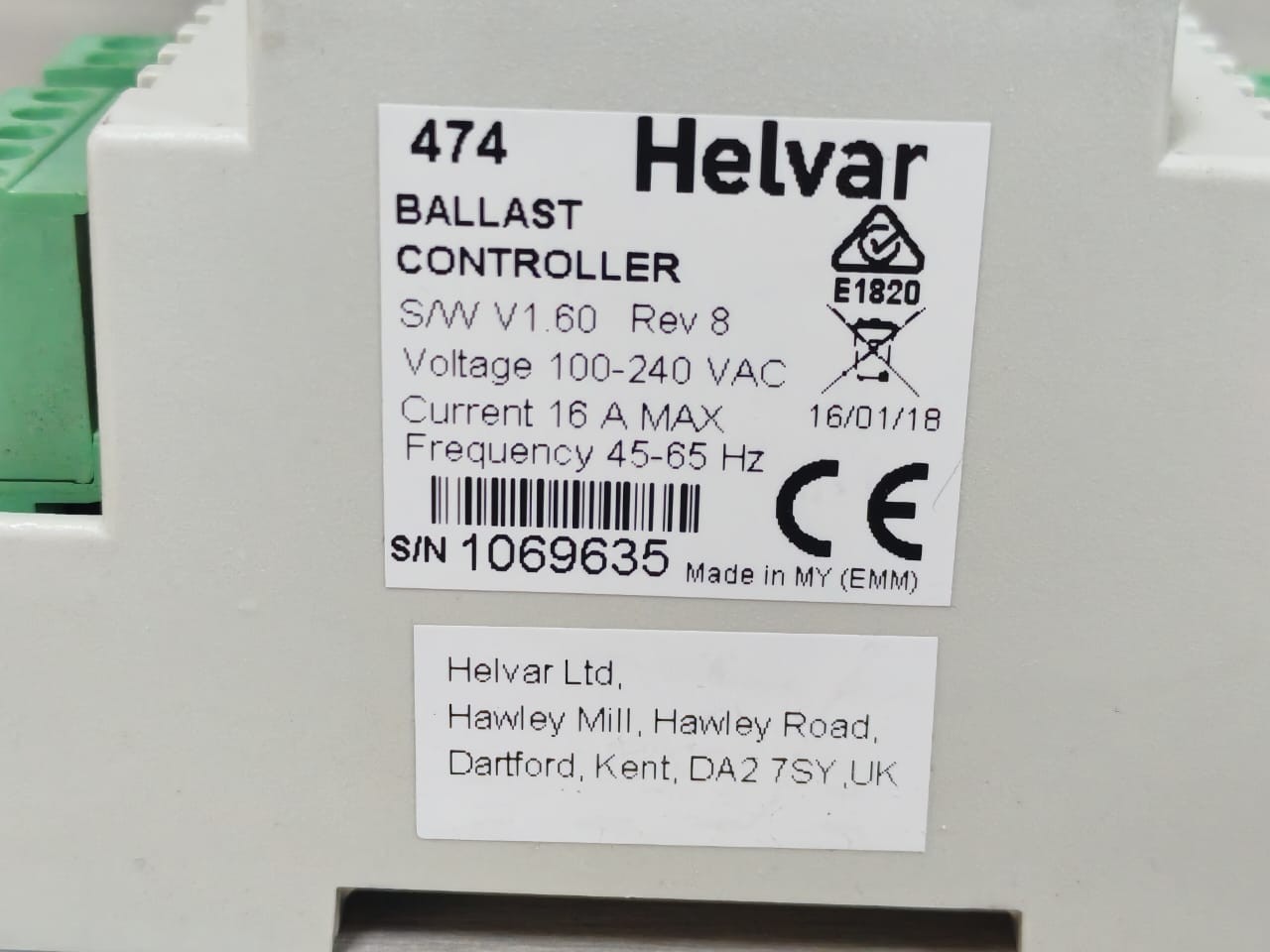 Helvar 474 Helvar 474 Ballast Controller B/W V1.60 Rev.8 100-240VAC 4