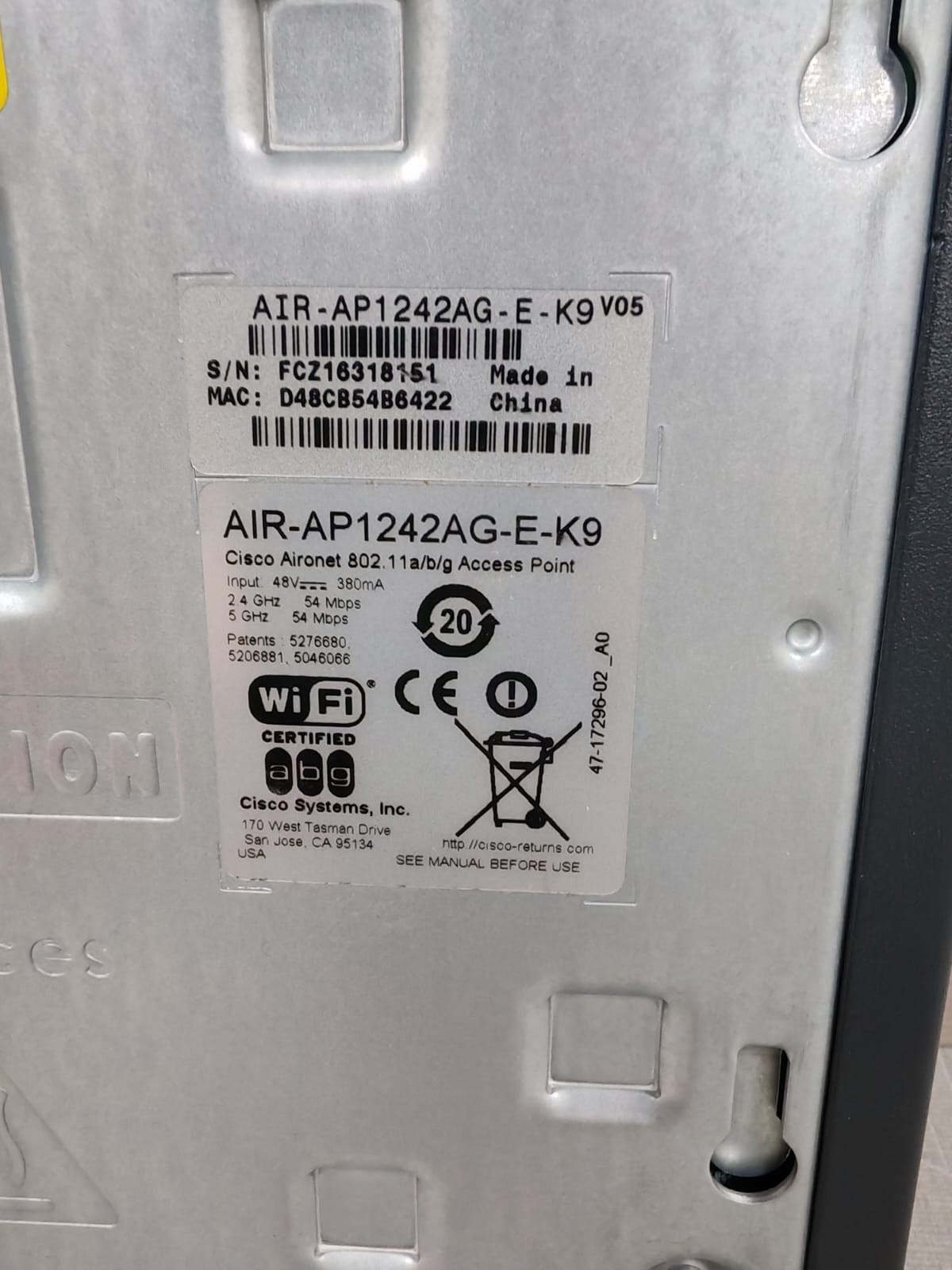 Cisco AIR-AP1242AG-E-K9 V05 CISCO AIR-AP1242AG-E-K9 V05 AERONET 802.11a/b/g ACESS POINT 5