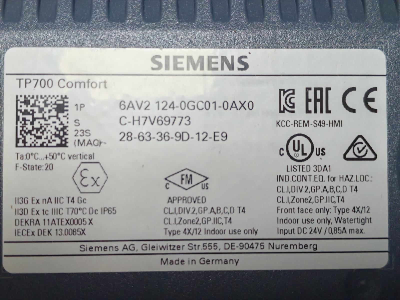 Siemens 6AV2-124-0GC01-0AX0 SIEMENS SIMATIC HMI TP700 COMFORT 6AV2-124-0GC01-0AX0 COMFORT PANEL 7