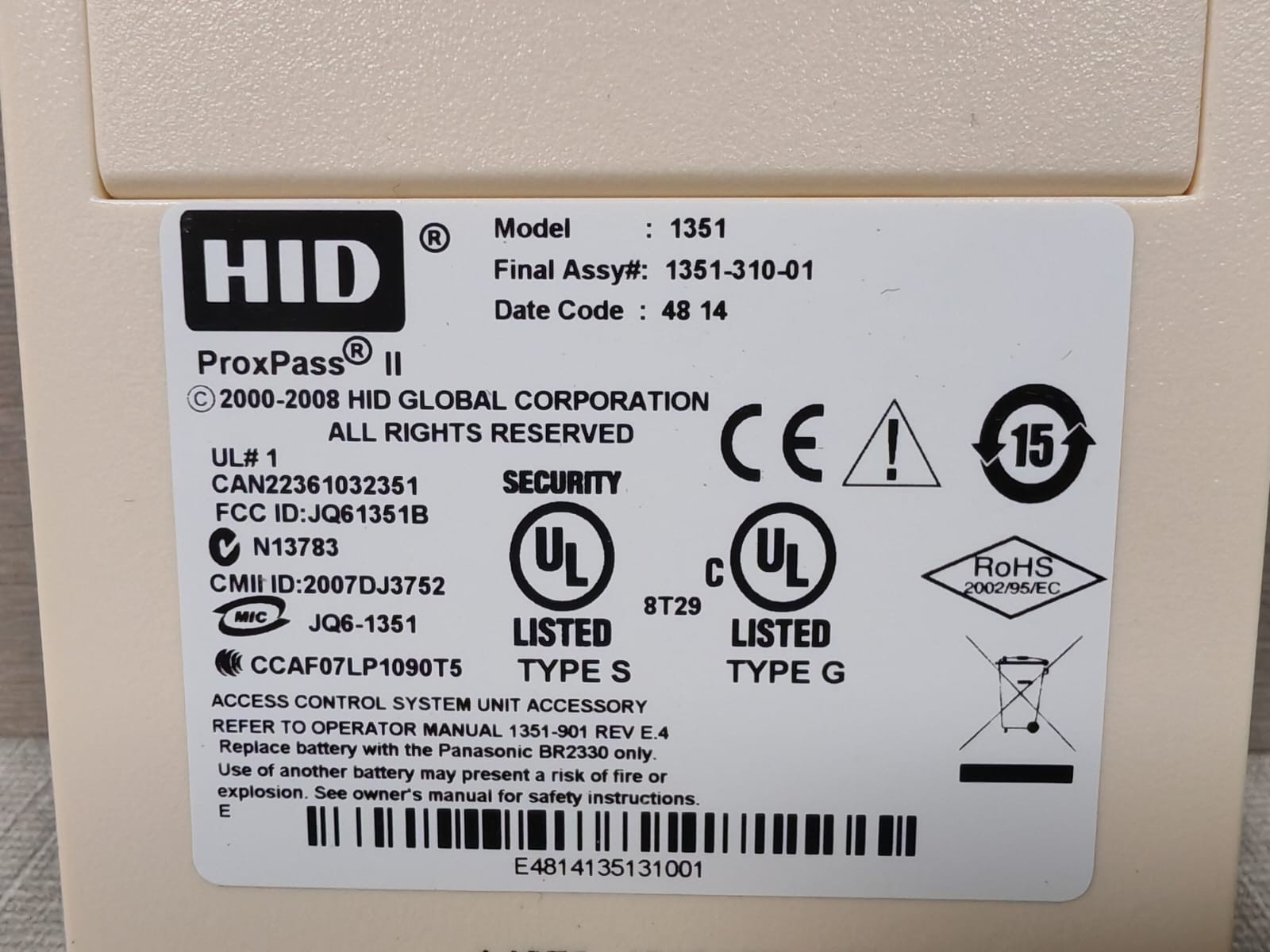 HID 1351-310-01 HID PROXPASS II 1351 FINAL ASSY NO.1351-310-01 4