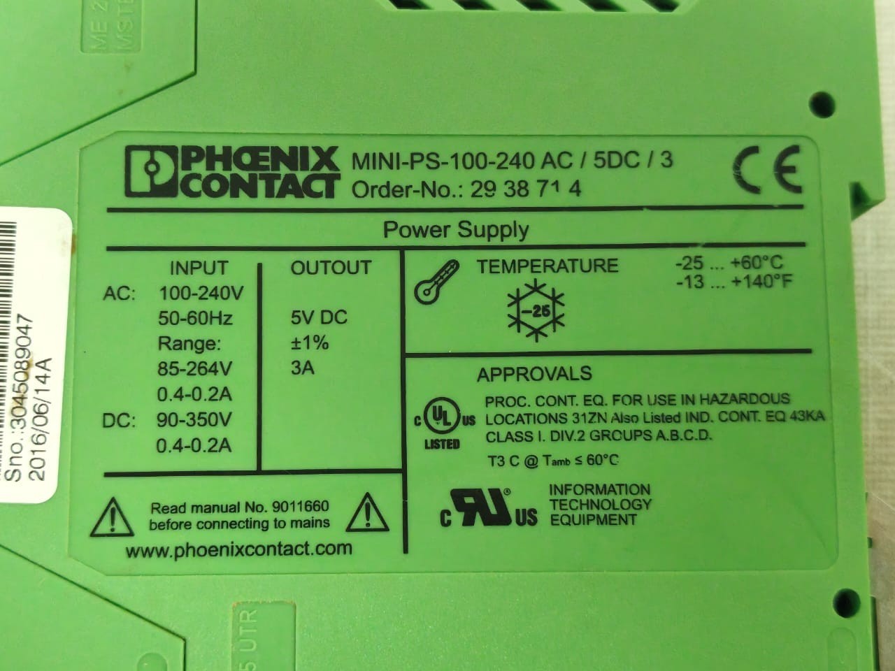 Phoenix Contact 2938714 Phoenix Contact MINI-PS-100-240AC/5DC/3 Power Supply 2938714 2