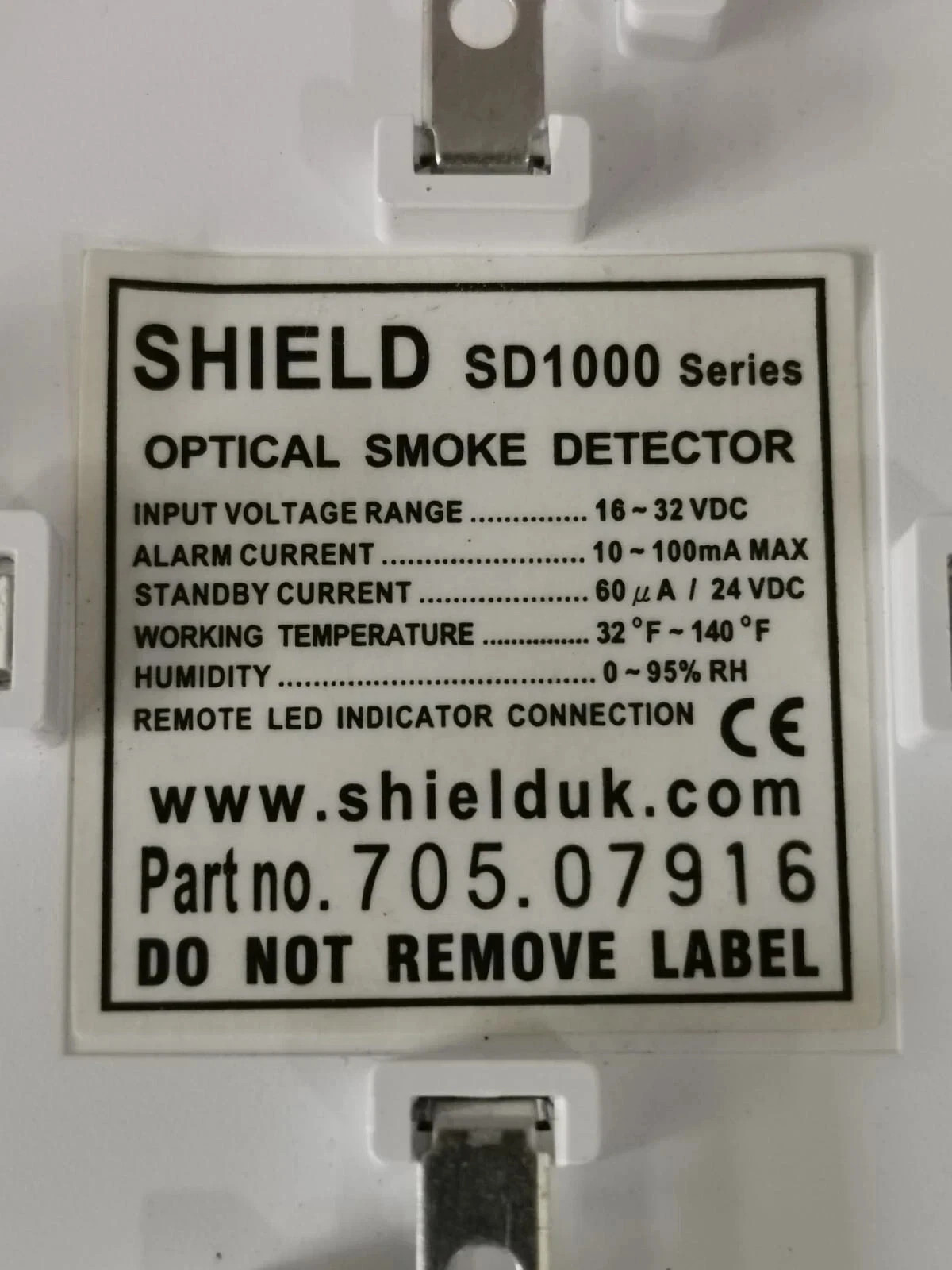 SHIELD SD1000 SHIELD SD1000 SERIES OPTICAL SMOKE DETECTOR 16-32VDC 10-100mA MAX 2