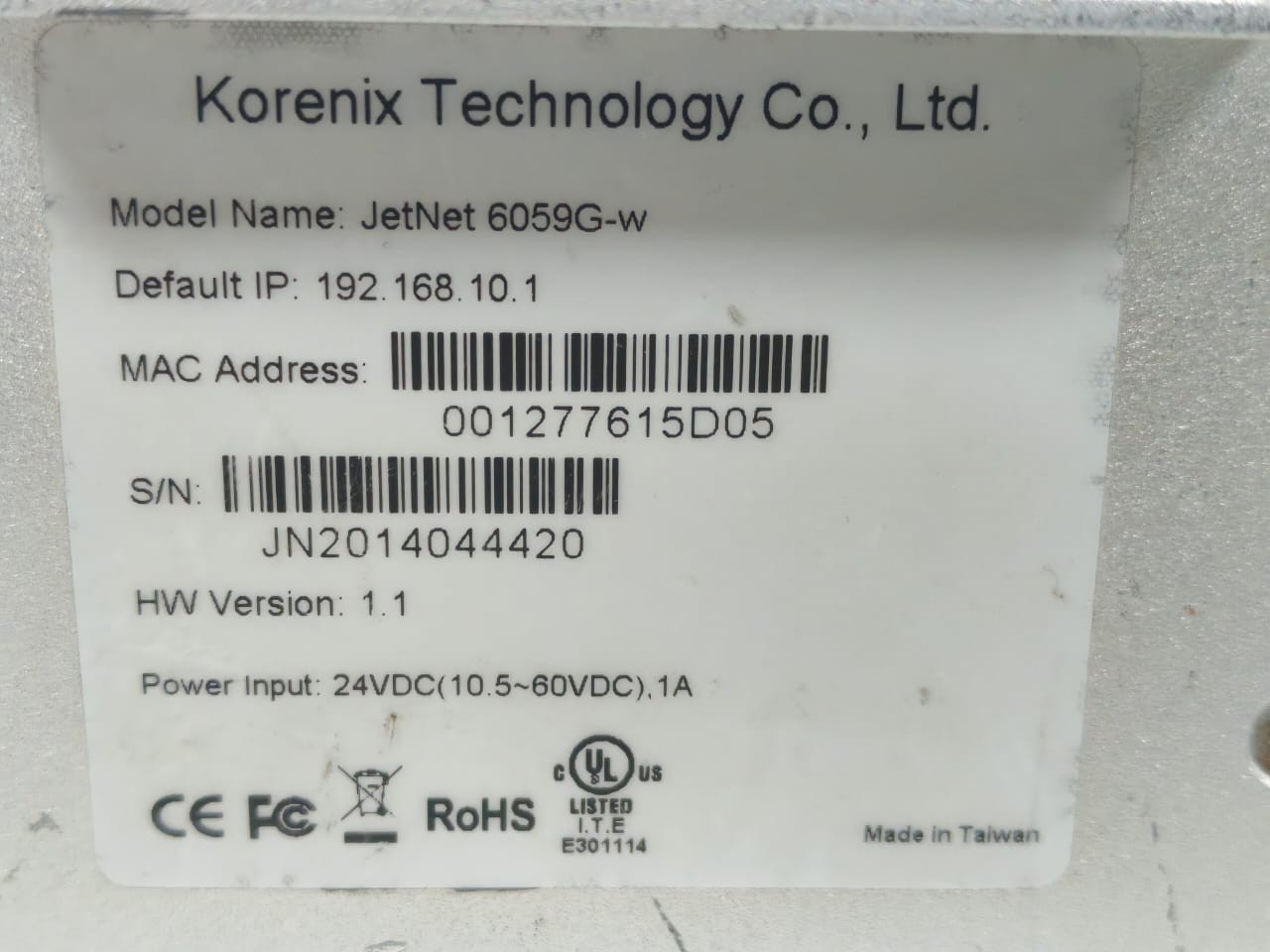 KORENIX TECHNOLOGY JETNET  6059G-W HW VERSION 1.1 KORENIX TECHNOLOGY JETNET 6059G/ 6059G-W HW VERSION 1.1 ETHERNET SWITCH 24VDC 6