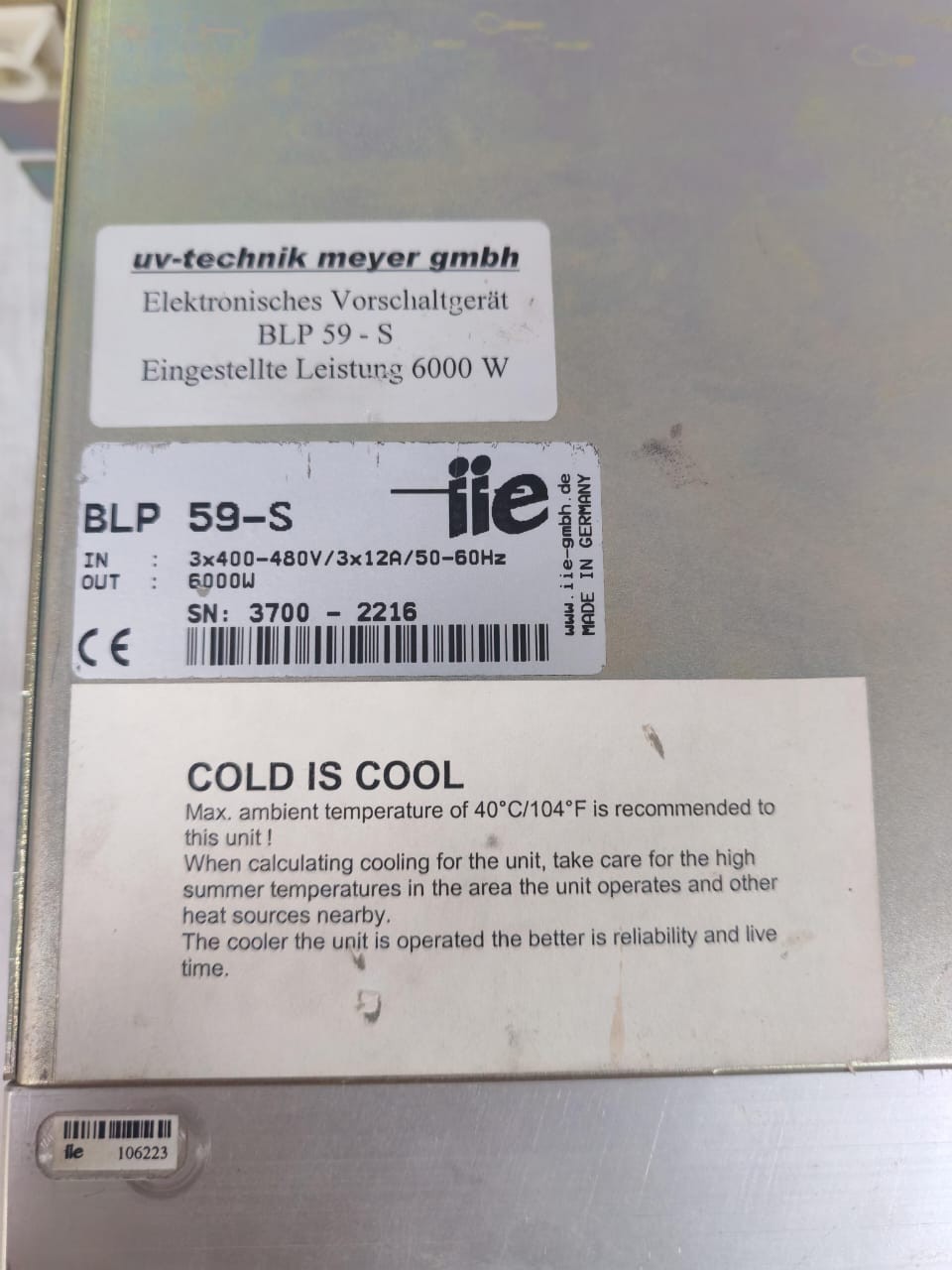 UV TECHNIK IIE BLP 59-S UV TECHNIK IIE BLP-59-S POWER SUPPLY 3X400-480V 6000W 5