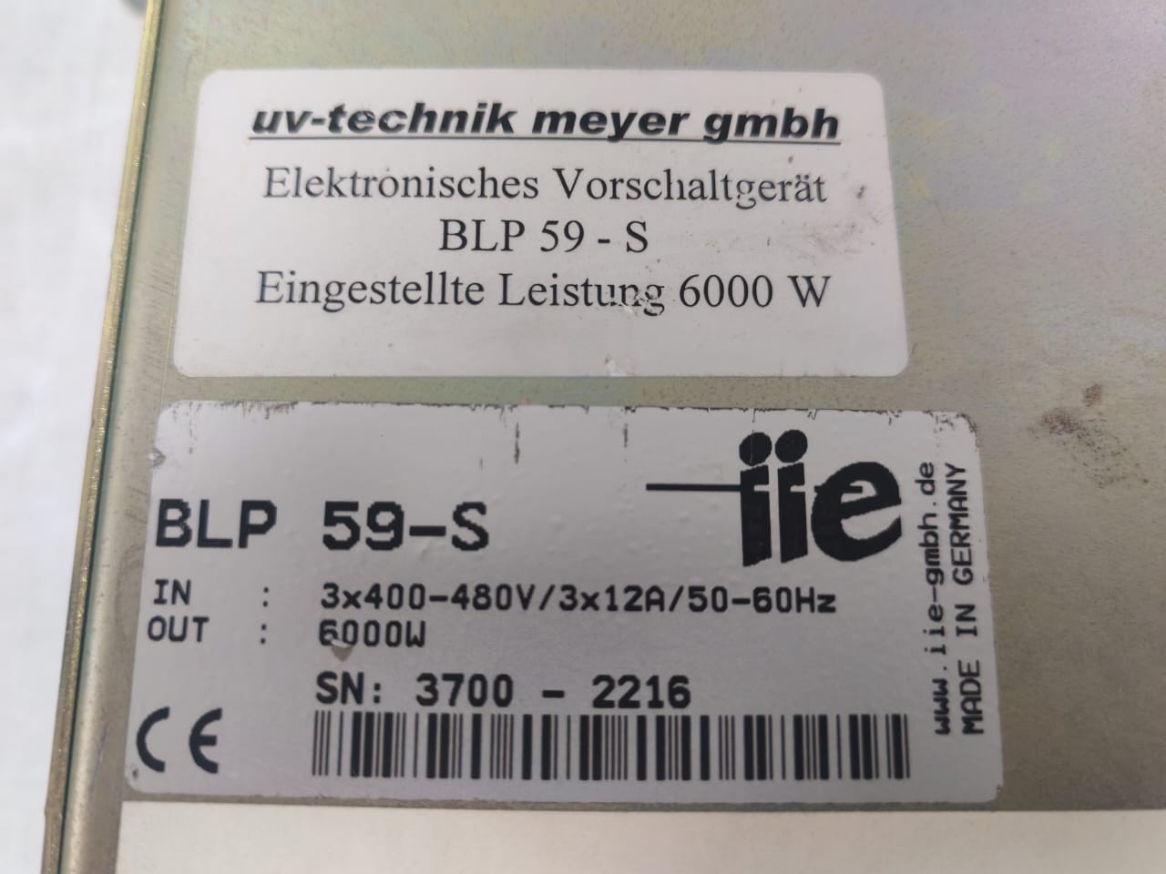UV TECHNIK IIE BLP 59-S UV TECHNIK IIE BLP-59-S POWER SUPPLY 3X400-480V 6000W 6