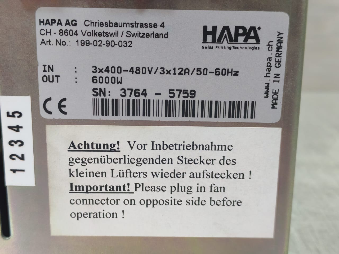 HAPA 199-02-90-032 HAPA AG 199-02-90-032 3X400-480V 6000W POWER SUPPLY 5