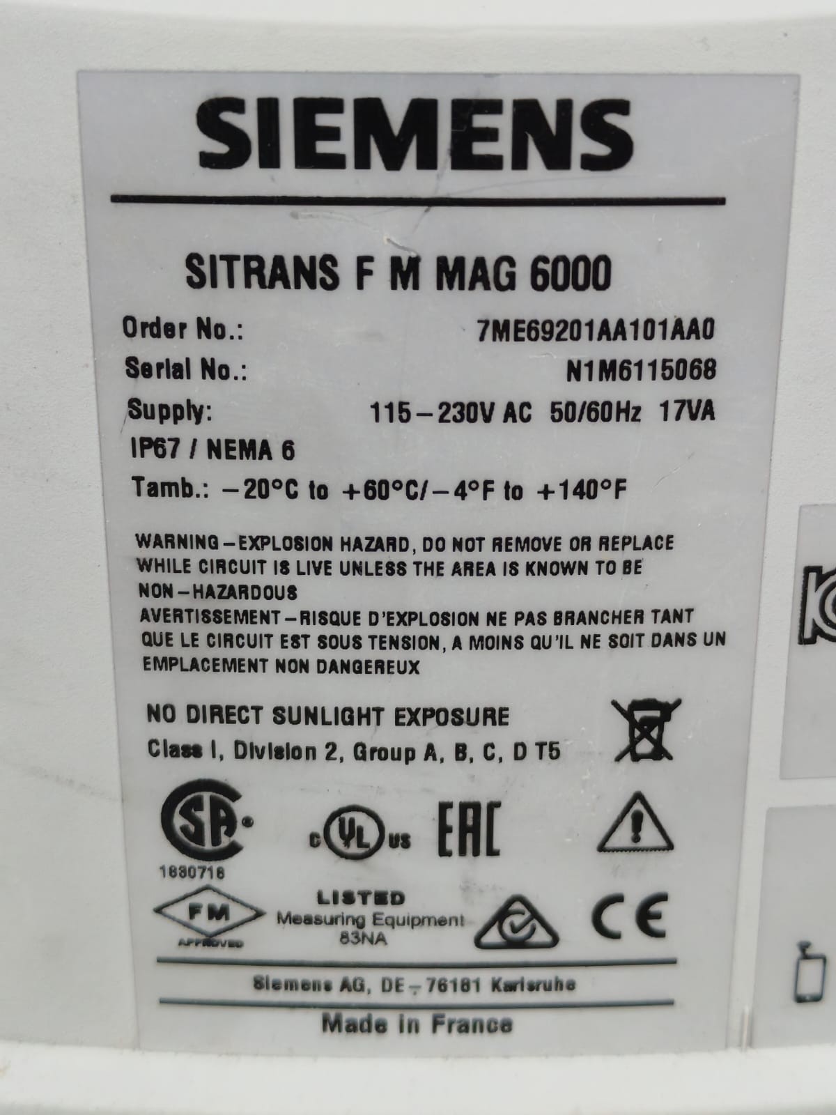 Siemens 7ME69201AA101AA0 SIEMENS SITRANS F M MAG 6000 7ME69201AA101AA0 FLOW METER 10