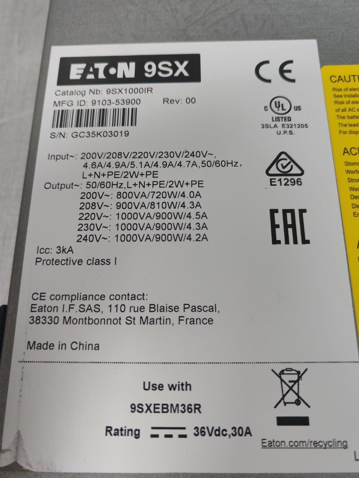 Eaton 9SX1000IR REV:00 EATON 9SX 9SX1000IR REV:00 POWER CONVERTER 200-240V 6