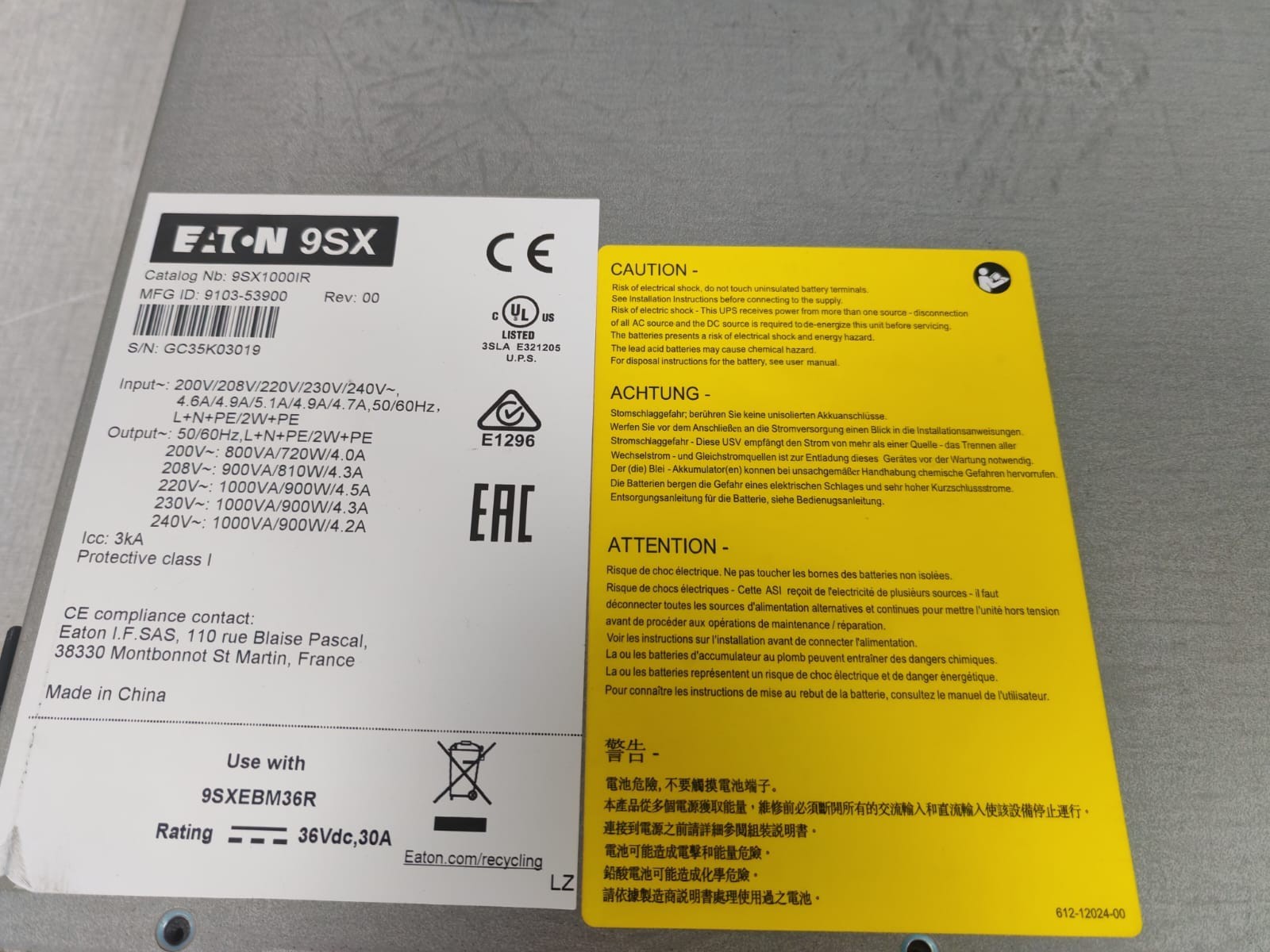 Eaton 9SX1000IR REV:00 EATON 9SX 9SX1000IR REV:00 POWER CONVERTER 200-240V 9