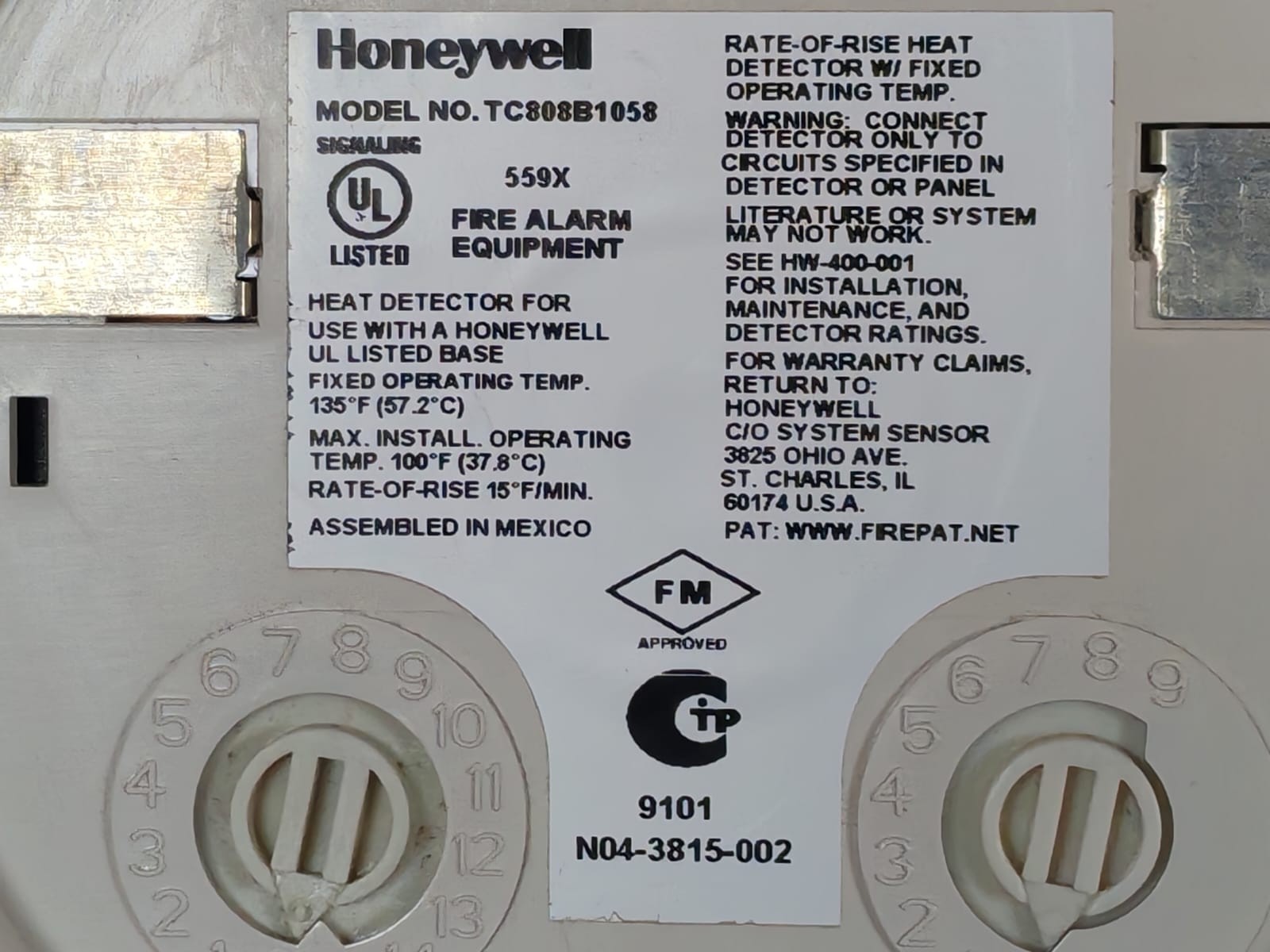 Honeywell TC808B1058 HONEYWELL TC808B1058 Heat Detector 3