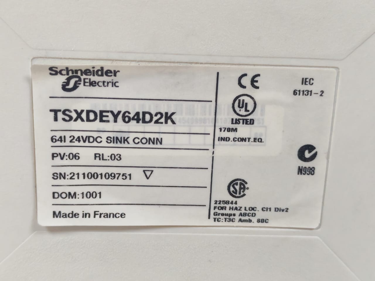 Schneider Electric TSXDEY64D2K PV:06 RL:03 SCHNEIDER ELECTRIC TSXDEY64D2K PV:06 RL:03 DISCRETE INPUT MODULE 24VDC 6