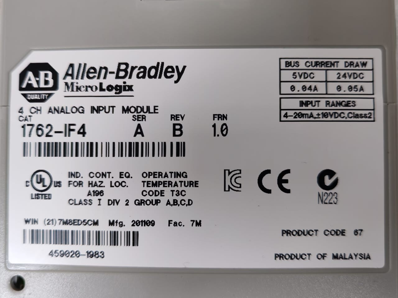 Allen-Bradley 1762-IF4 Allen-Bradley 1762-IF4 Ser A Rev B 4 CH MicroLogix Analog Input Module 5