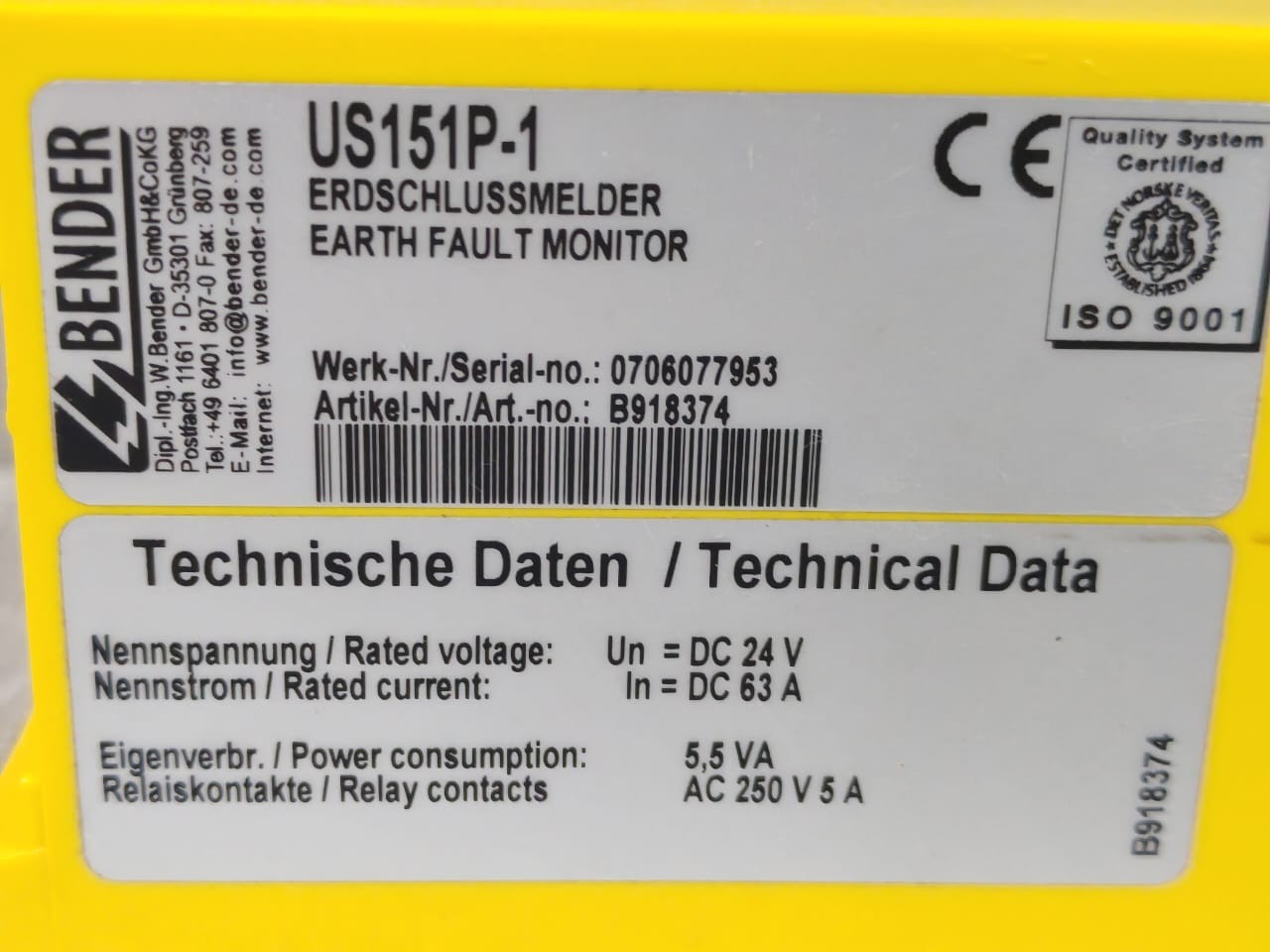 Bender US151P-1 BENDER US151P-1 B918374 EARTH FAULT MONITOR 5