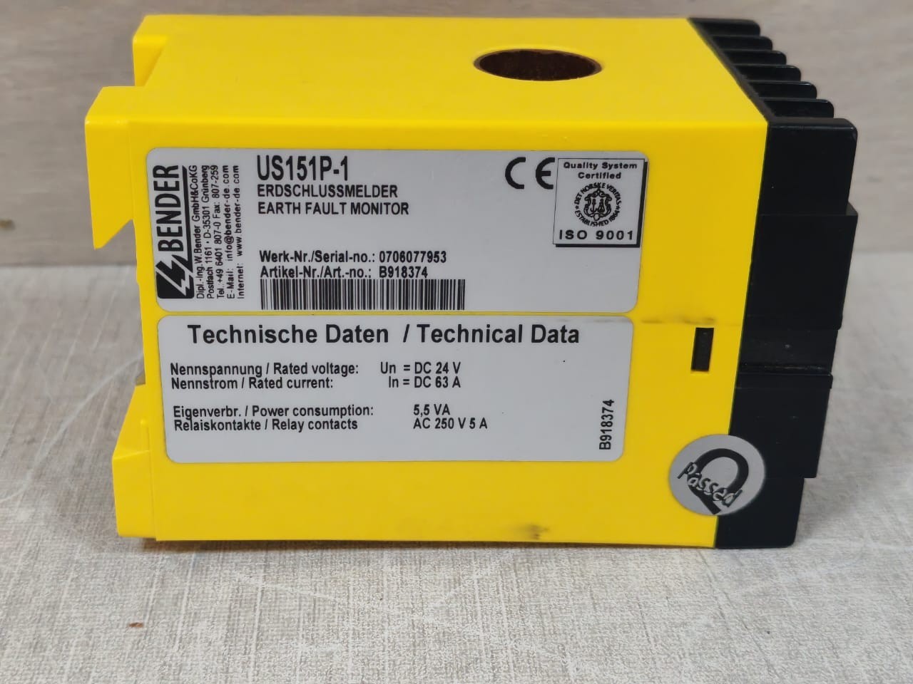 Bender US151P-1 BENDER US151P-1 B918374 EARTH FAULT MONITOR 6